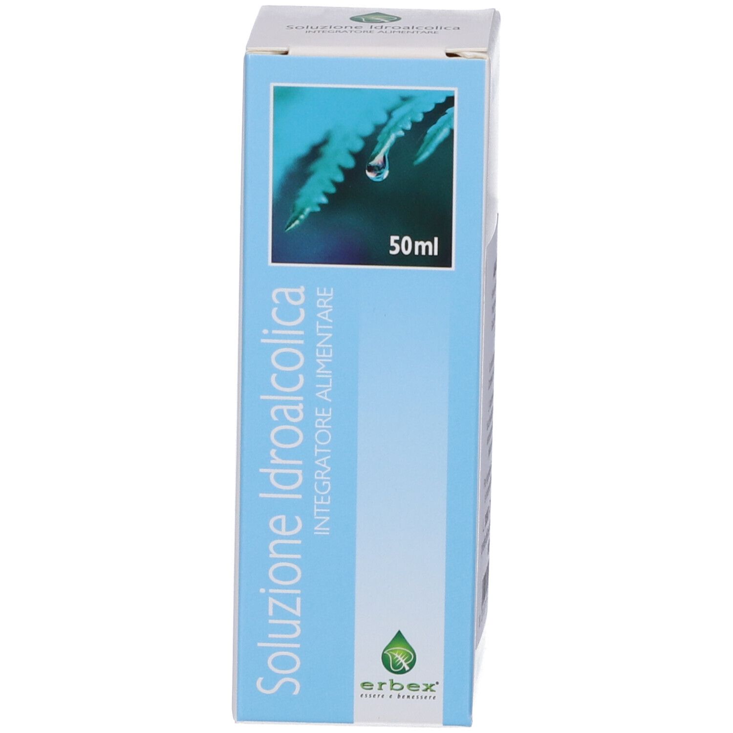 Confezione con nome del prodotto e logo. Contenuto: 50 ml. Flacone con contagocce accanto.
