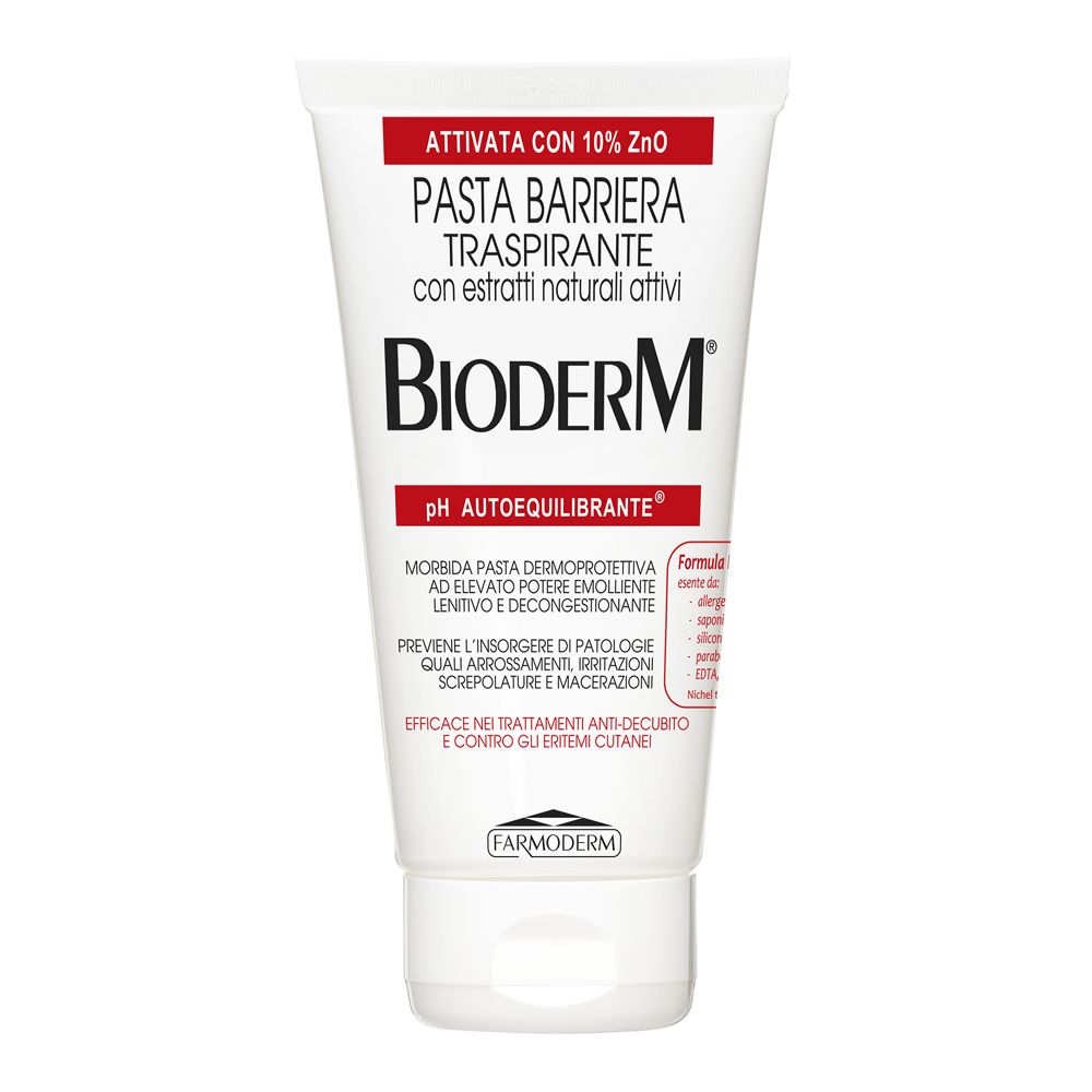 Tubo bianco. Scritta: Bioderm, Pasta Barriera Traspirante, pH Autoequilibrante. Testo rosso e nero.