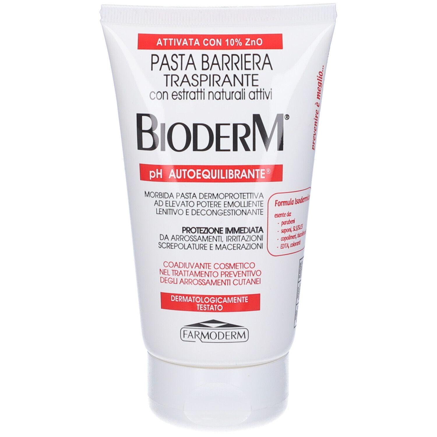 Tubo bianco con testo rosso e nero. Scritta: Bioderm, Pasta Barriera Traspirante, pH Autoequilibrante. Dermatologicamente testato.