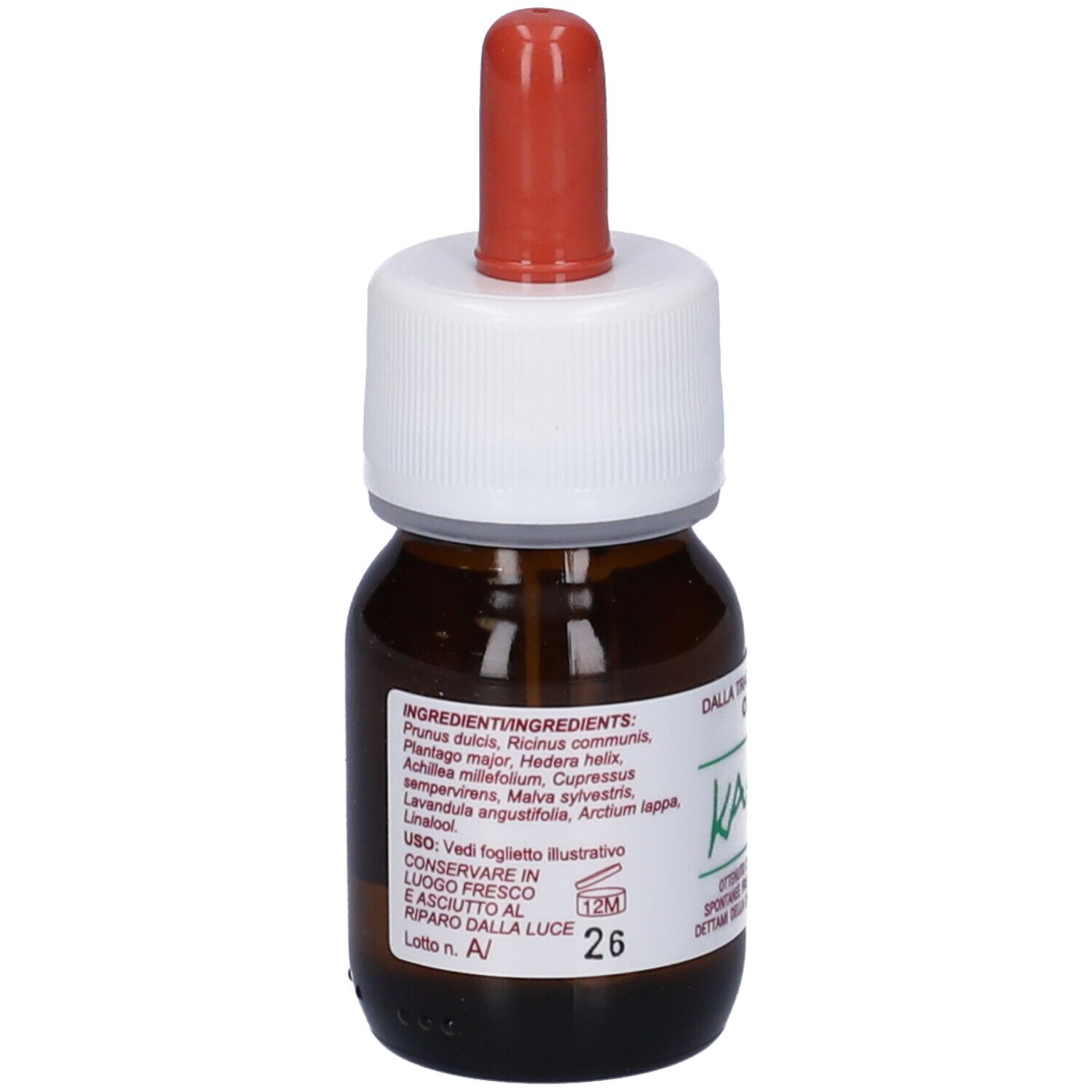 Flacone di vetro marrone con tappo bianco e contagocce rosso. Etichetta con ingredienti e testo. Simbolo 12M.