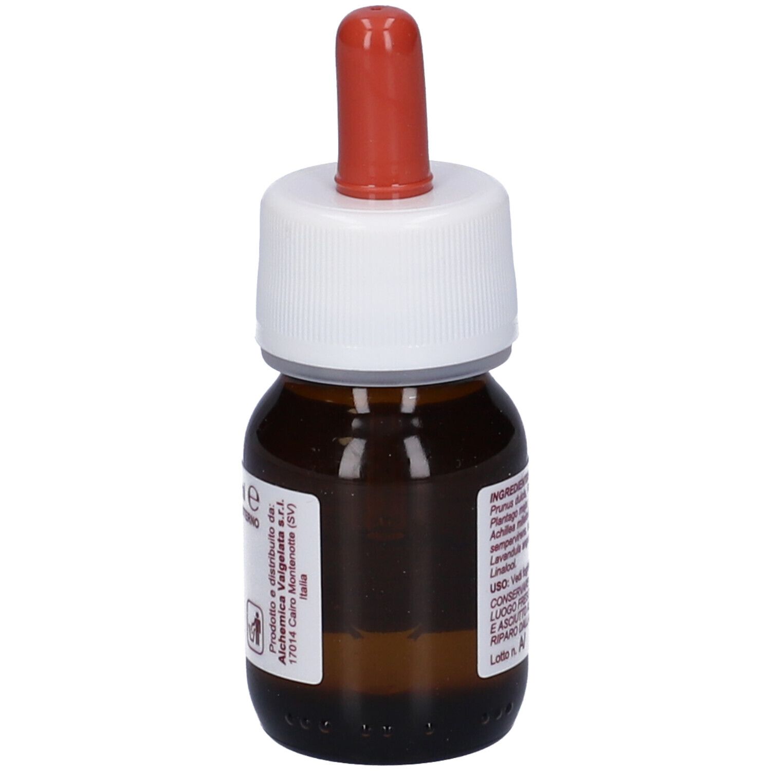 Flacone di vetro marrone con tappo bianco e contagocce rosso. Etichetta con testo e informazioni produttore. Simbolo 12M.
