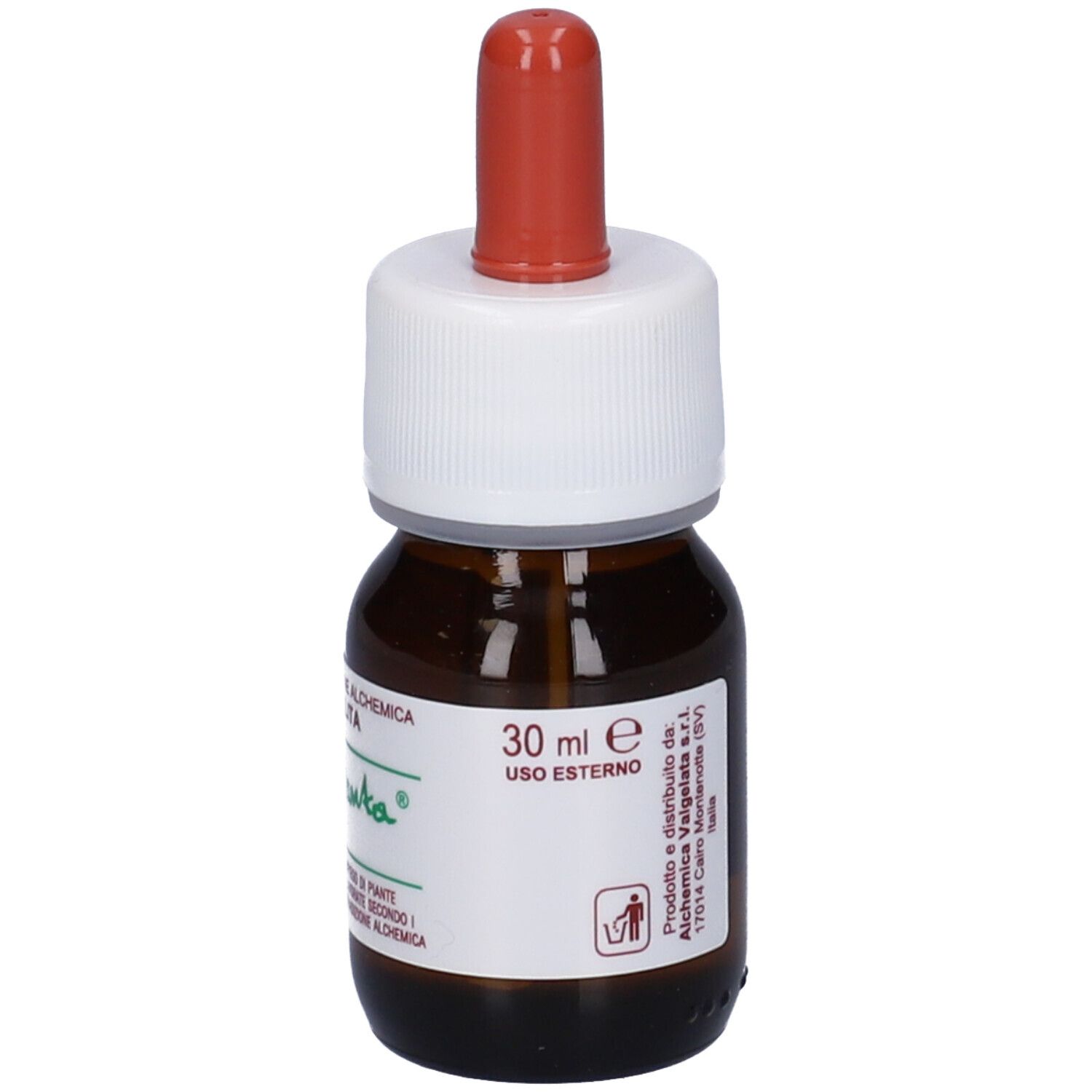 Flacone di vetro marrone con tappo bianco e contagocce rosso. Etichetta con testo, 30 ml e 'USO ESTERNO'.
