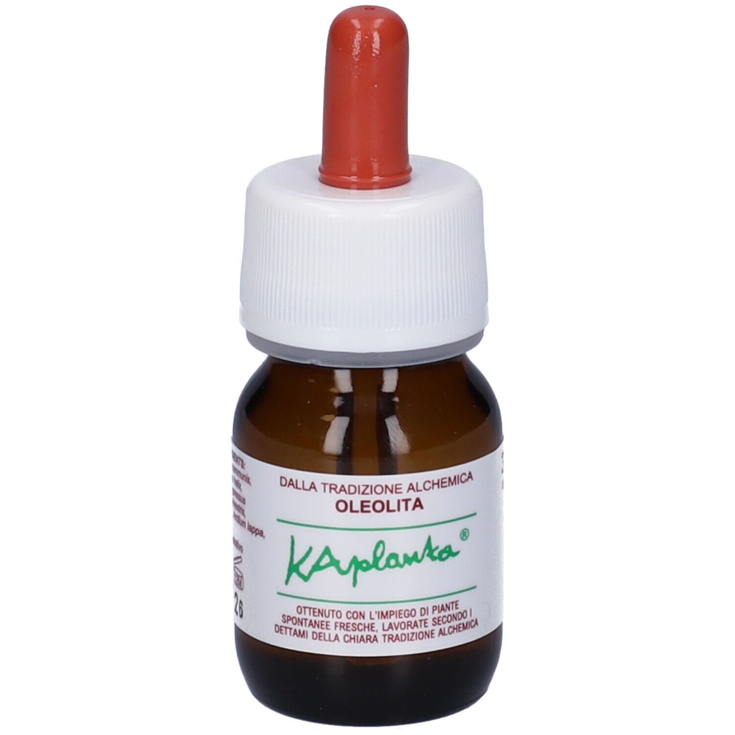 Flacone di vetro marrone con tappo bianco e contagocce rosso. Etichetta con 'Ka Planta' e 'Oleoita'.