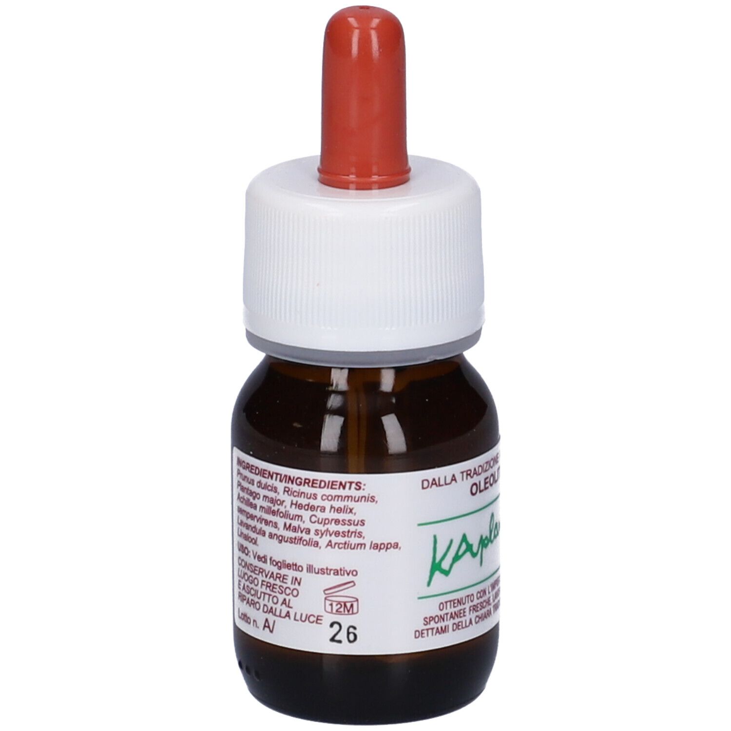Flacone di vetro marrone con tappo bianco e contagocce rosso. Etichetta con ingredienti, testo e '26'. Simbolo 12M.