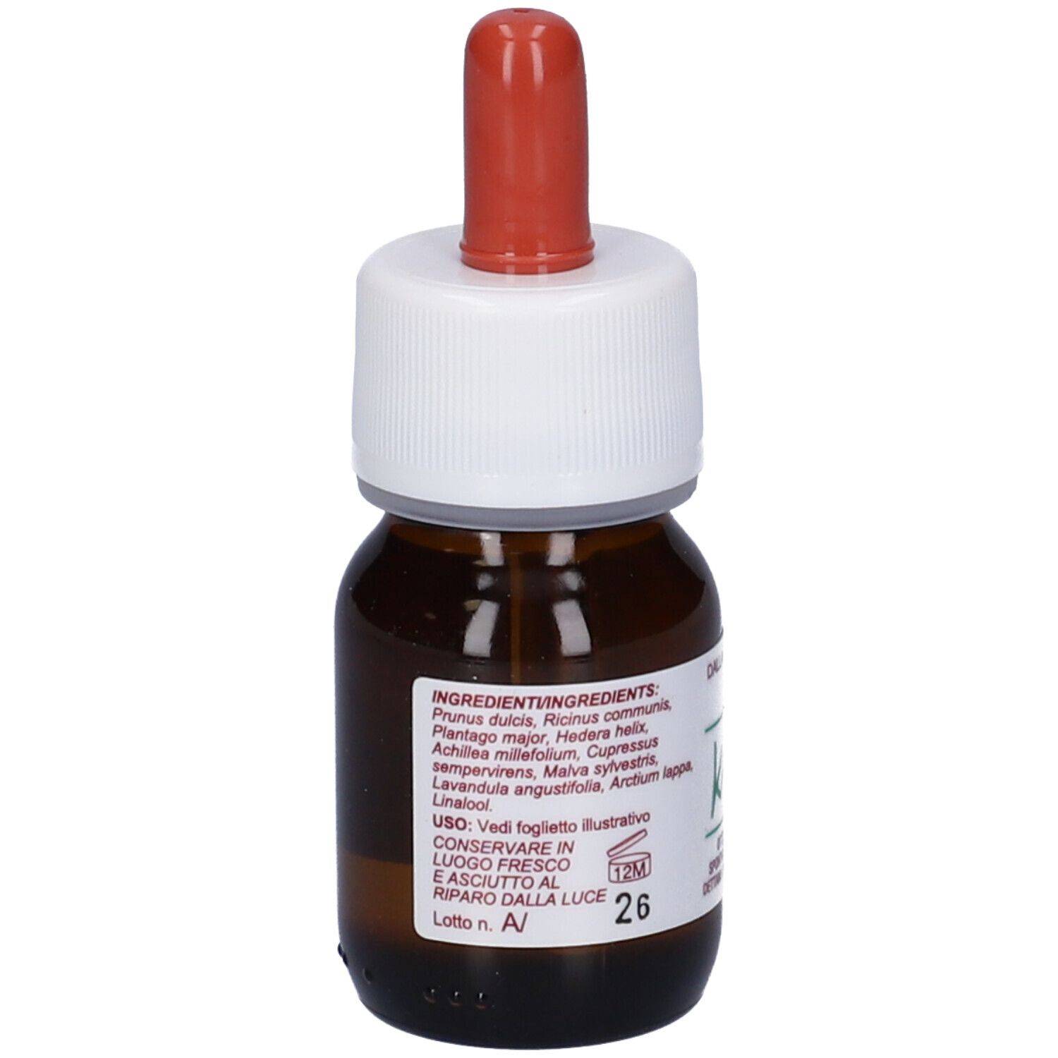 Flacone di vetro marrone con tappo bianco e contagocce rosso. Etichetta con ingredienti, testo e '26'. Simbolo 12M.