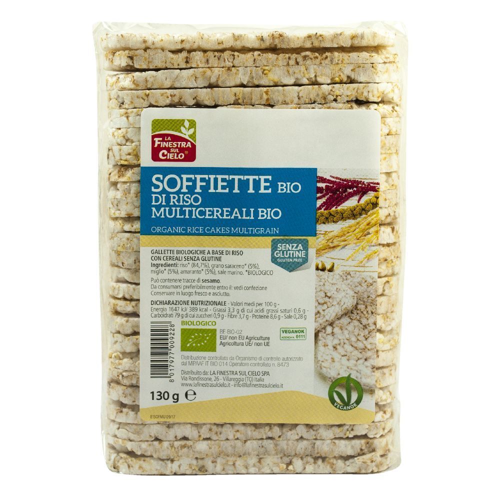 Confezione di Soffiette Multicereali Bio. Visibili gallette di riso soffiato rotonde. Testo: "Senza glutine".
