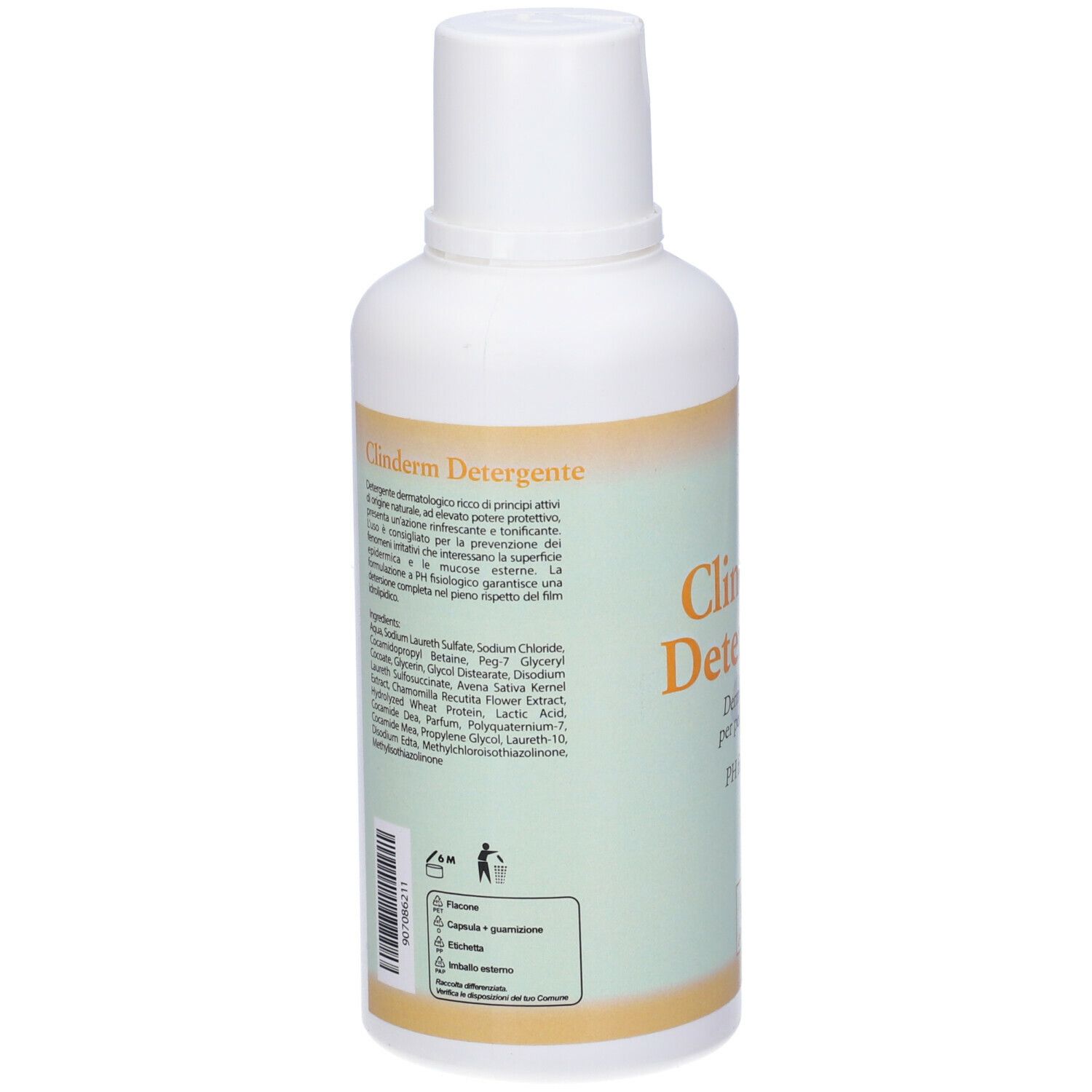 Flacone bianco con etichetta Clinderm Detergente. Testo con ingredienti e istruzioni. Simboli di riciclaggio.