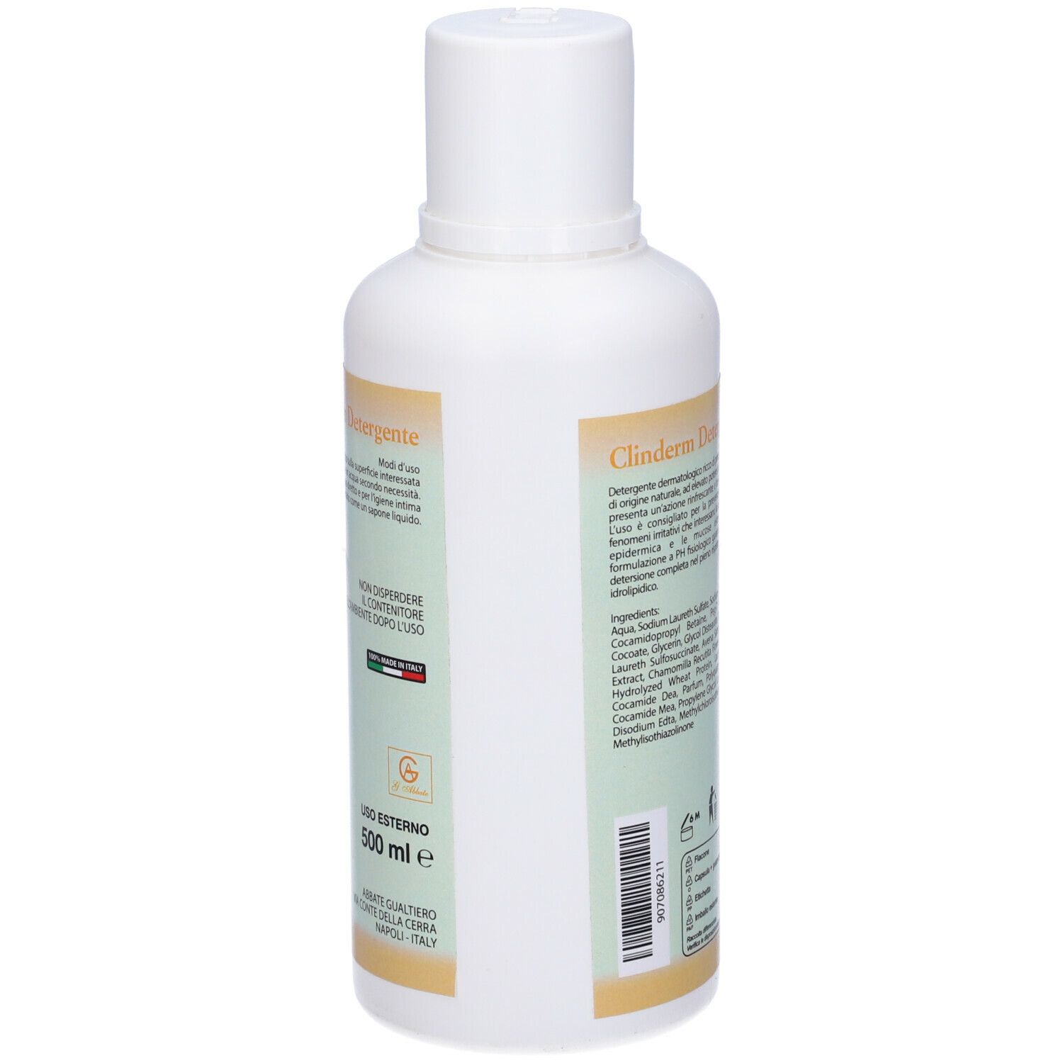 Flacone bianco con etichetta Clinderm Detergente. Scritta: 500 ml e. Testo con ingredienti. Logo.