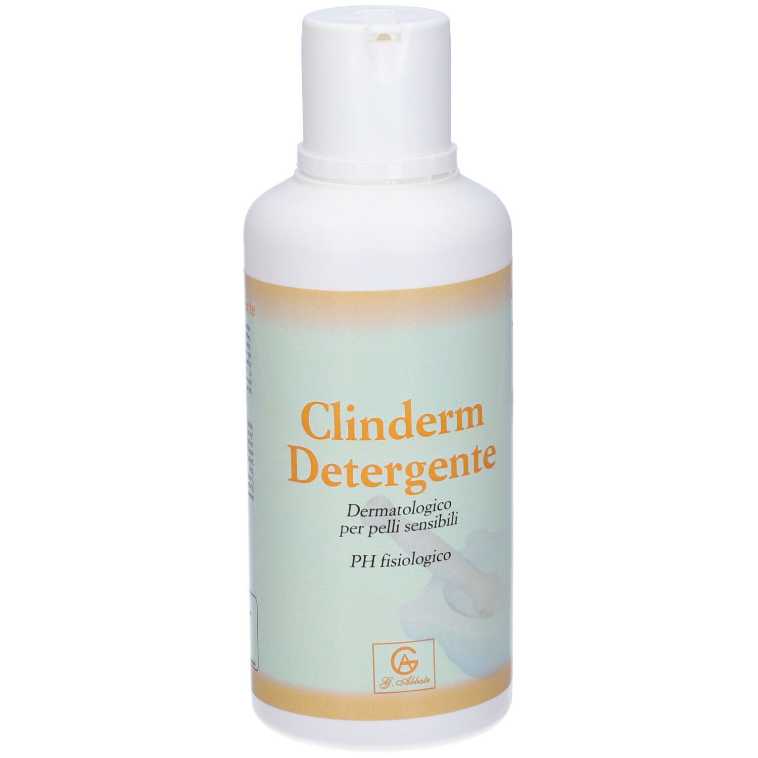 Flacone bianco con etichetta Clinderm Detergente. Scritta: Dermatologico per pelli sensibili, PH fisiologico. Logo.