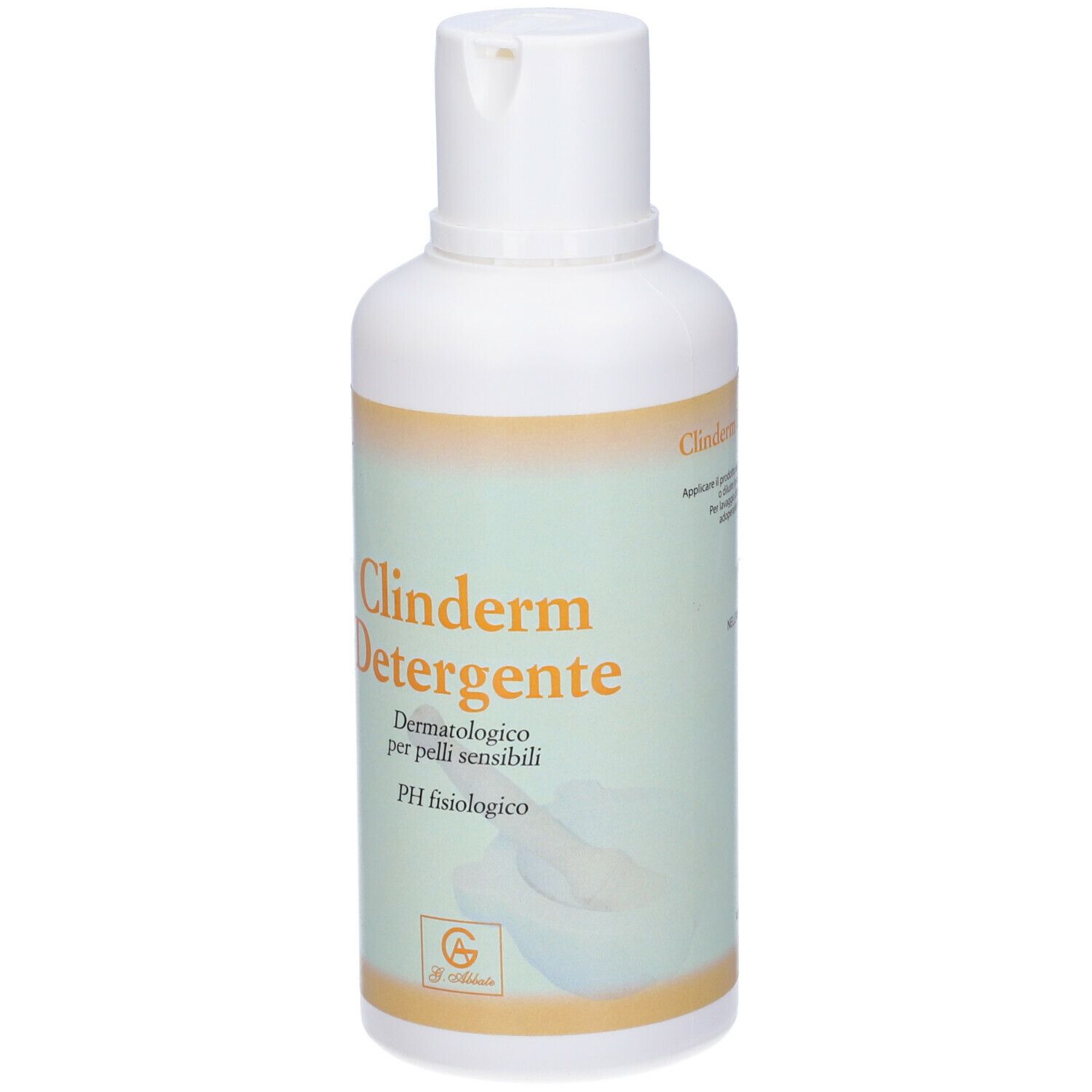 Flacone bianco con etichetta Clinderm Detergente. Scritta: Dermatologico per pelli sensibili, PH fisiologico. Logo.