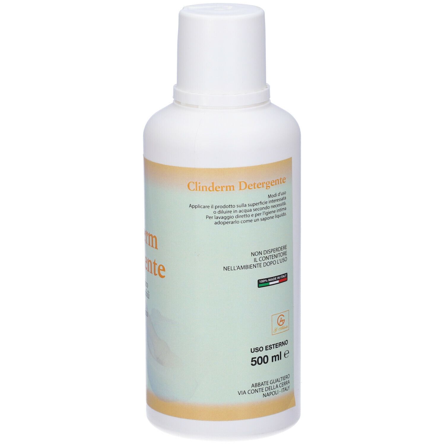 Flacone bianco con etichetta Clinderm Detergente. Scritta: 500 ml e. Testo con istruzioni. Logo. Prodotto in Italia.