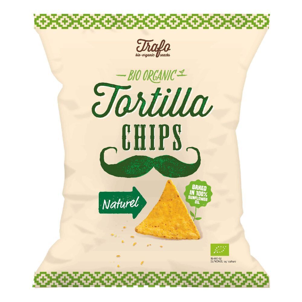 Confezione di tortilla chips. Scritta: Bio Organic, Tortilla Chips, Naturel. Illustrazione di baffi e indicazione olio di girasole.
