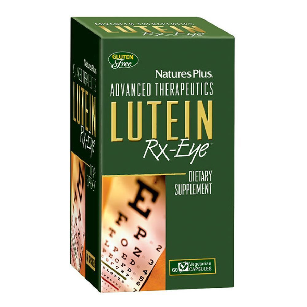 Scatola verde con Lutein Rx-Eye, senza glutine e 60 capsule. Marchio: Natures Plus.