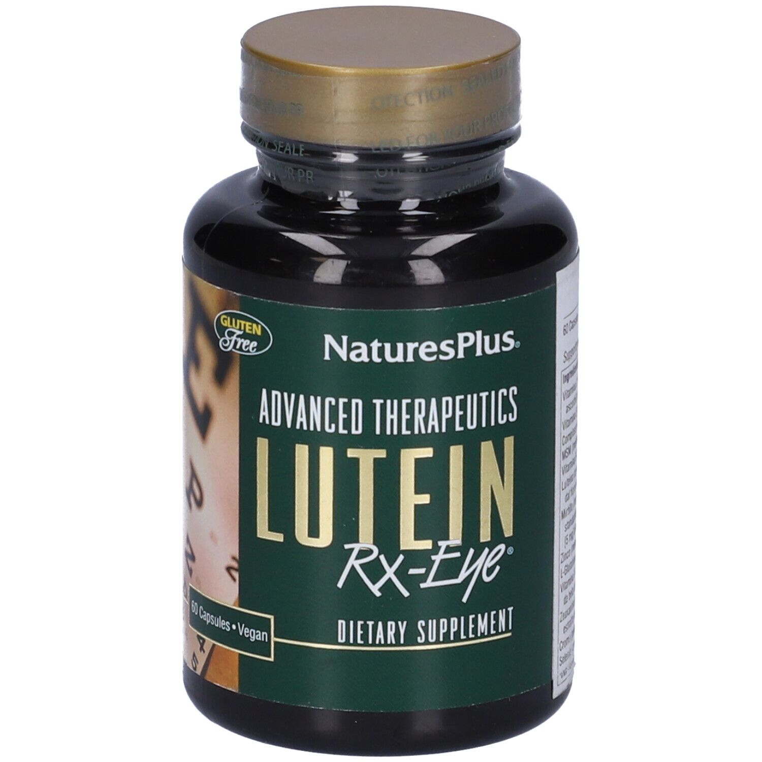 Flacone marrone con coperchio dorato. Scritta Lutein Rx-Eye, senza glutine, 60 capsule. Marchio: Natures Plus.