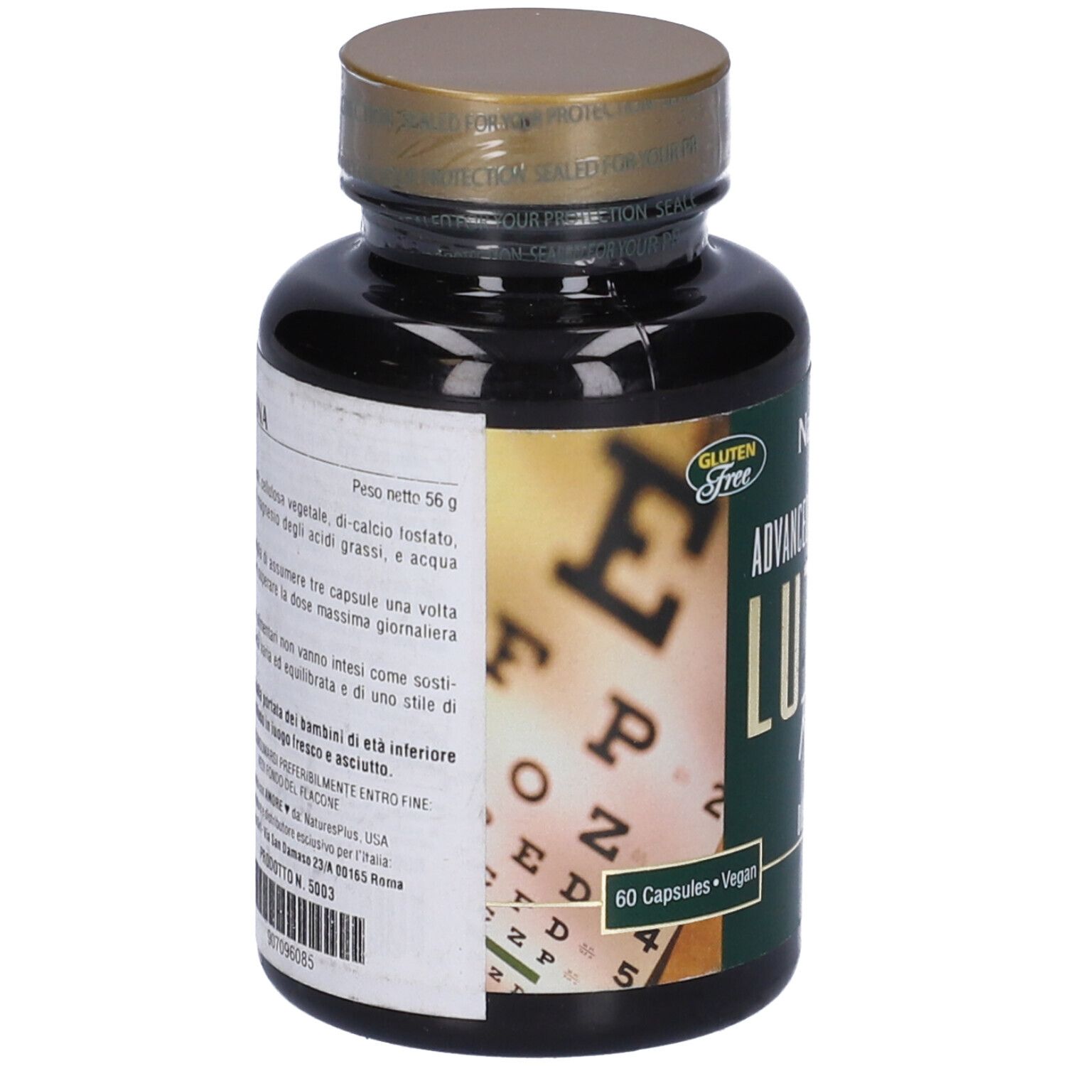 Flacone marrone con coperchio dorato. Scritta Lutein Rx-Eye, senza glutine, 60 capsule. Marchio: Natures Plus.