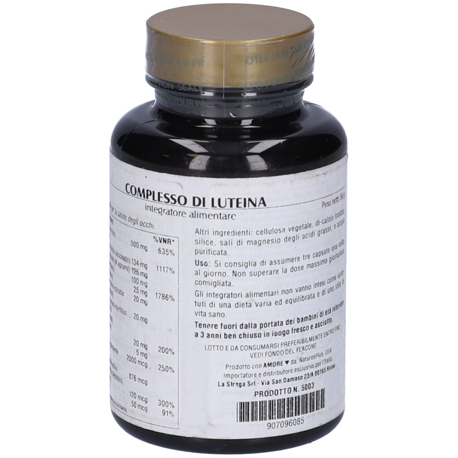 Flacone marrone con coperchio dorato. Retro con informazioni sugli ingredienti. Marchio: Natures Plus.