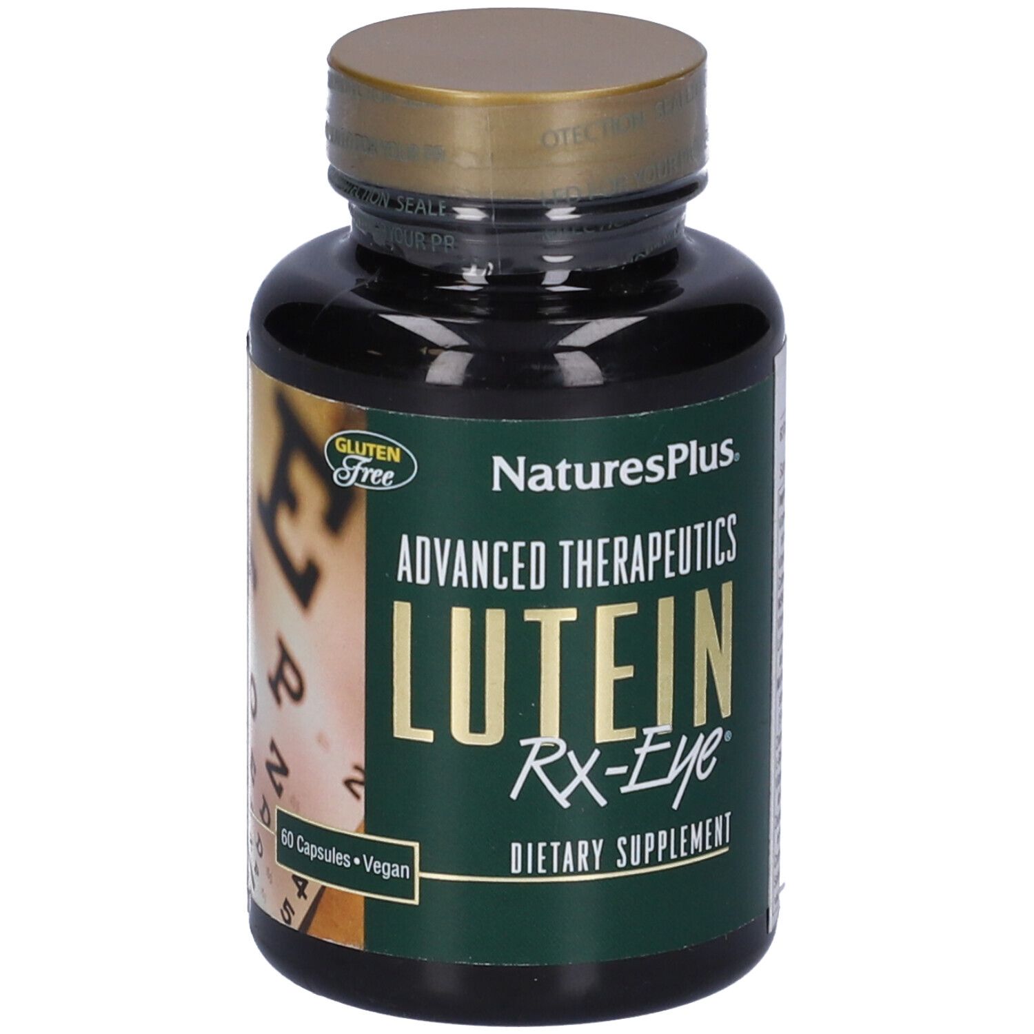 Flacone marrone con coperchio dorato. Scritta Lutein Rx-Eye, senza glutine, 60 capsule. Marchio: Natures Plus.