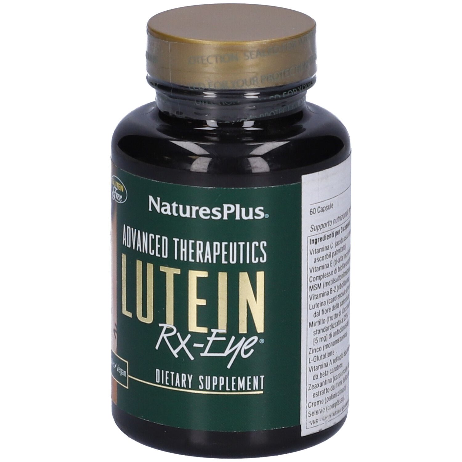 Flacone marrone con coperchio dorato. Scritta Lutein Rx-Eye, senza glutine, 60 capsule. Marchio: Natures Plus.
