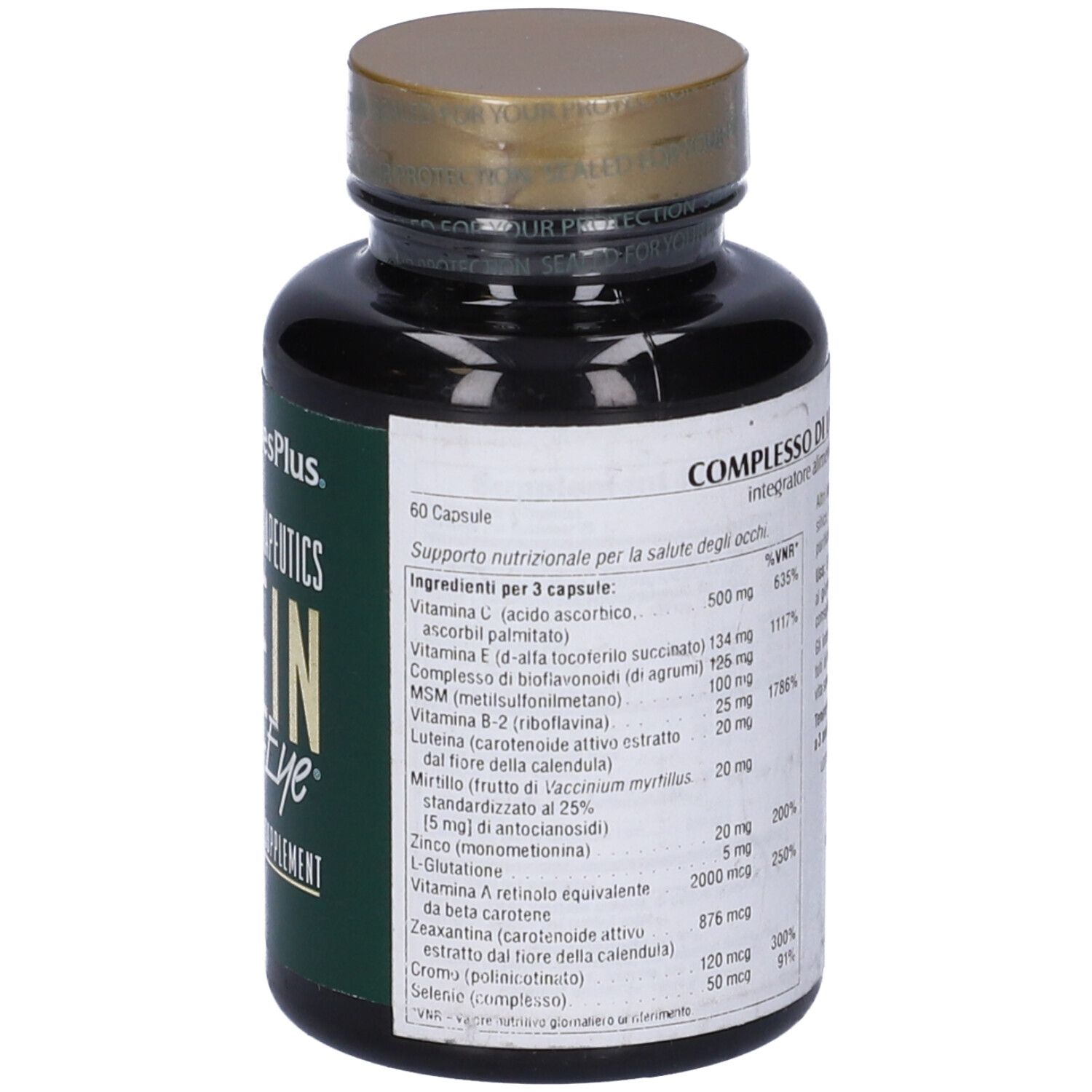 Flacone marrone con coperchio dorato. Retro con informazioni sugli ingredienti. Marchio: Natures Plus.
