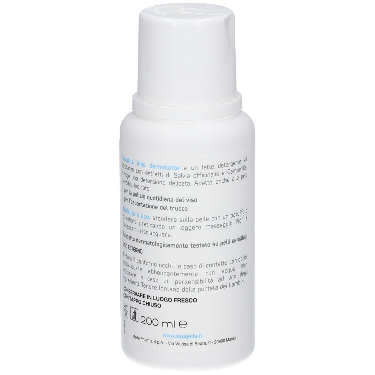Weiße Flasche mit Text in italienischer Sprache. Aufschrift SAUGELLA VISO, DERMOLATTE. 200 ml.