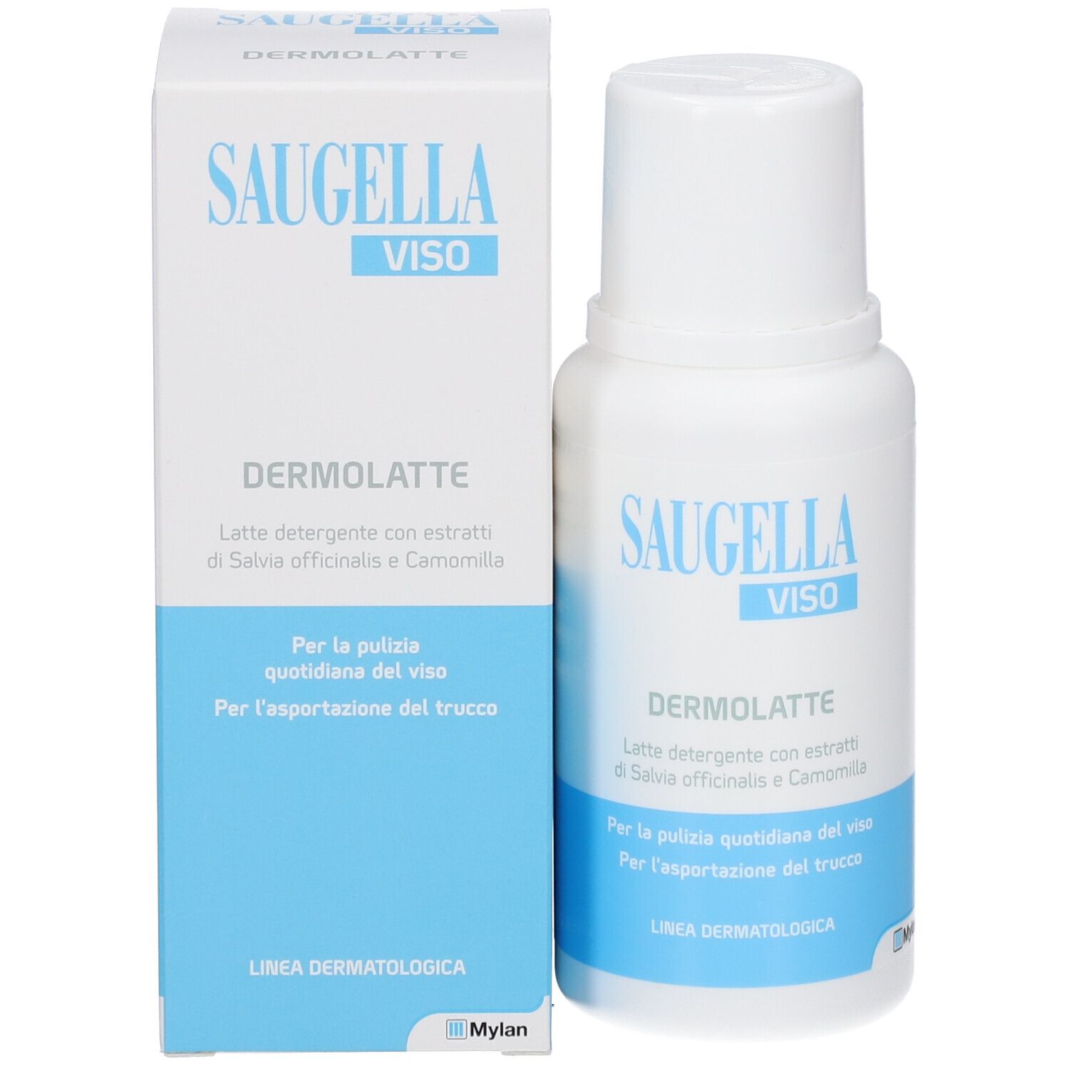 Produkt SAUGELLA VISO DERMOLATTE und Verpackung. Text in italienischer Sprache.