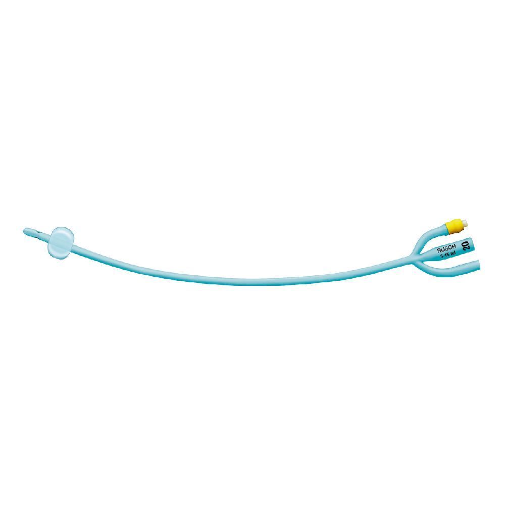 Catetere di Foley blu a tre vie. Visibili un palloncino e due fori laterali.