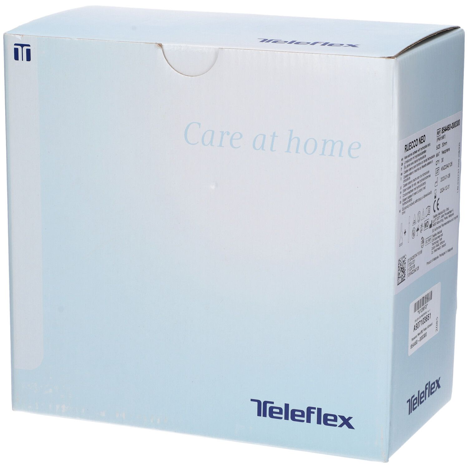 Confezione in cartone con logo Teleflex e testo 'Care at home'. La confezione è azzurra e bianca.