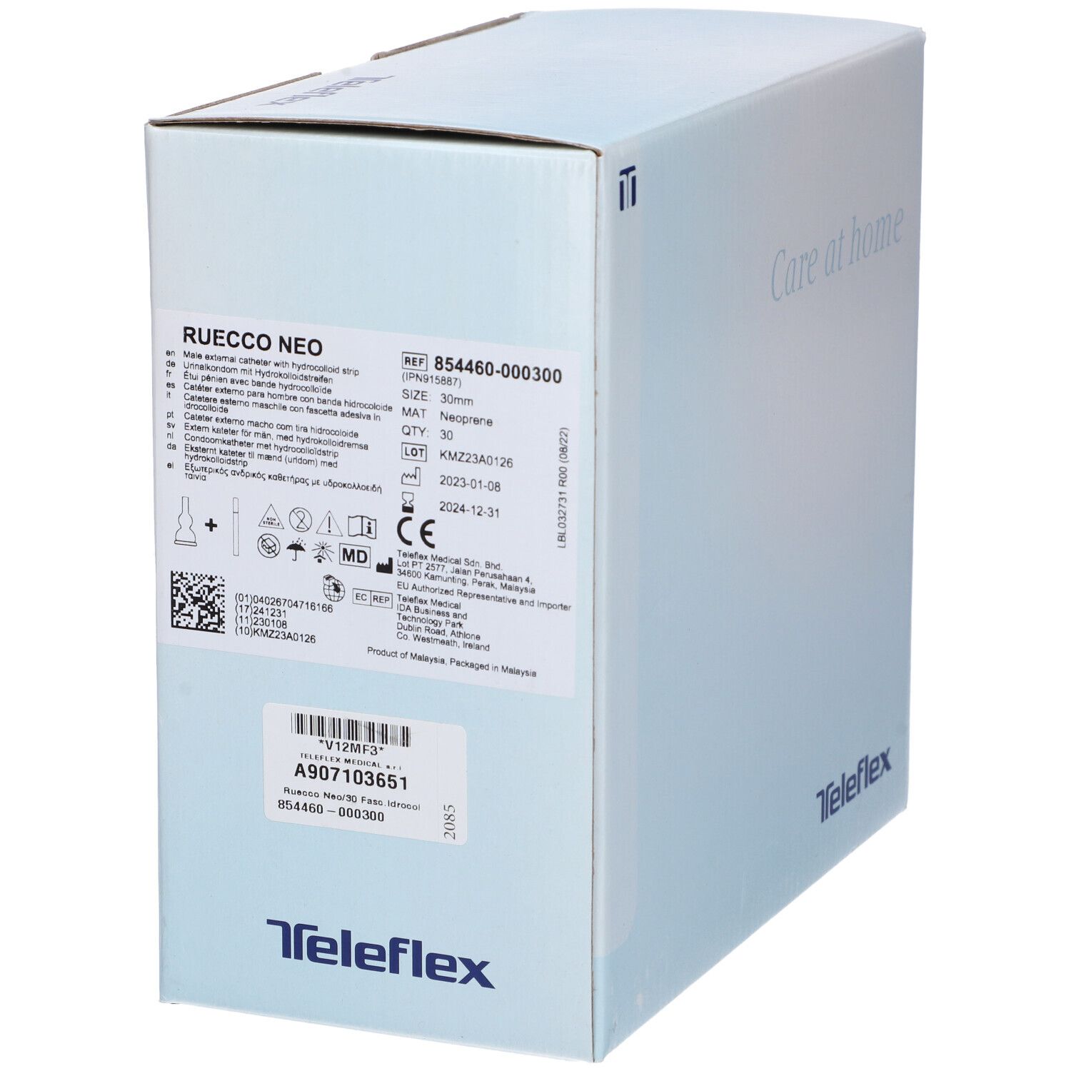 Confezione in cartone con logo Teleflex, informazioni sul prodotto e testo 'Care at home'. La confezione è azzurra e bianca.