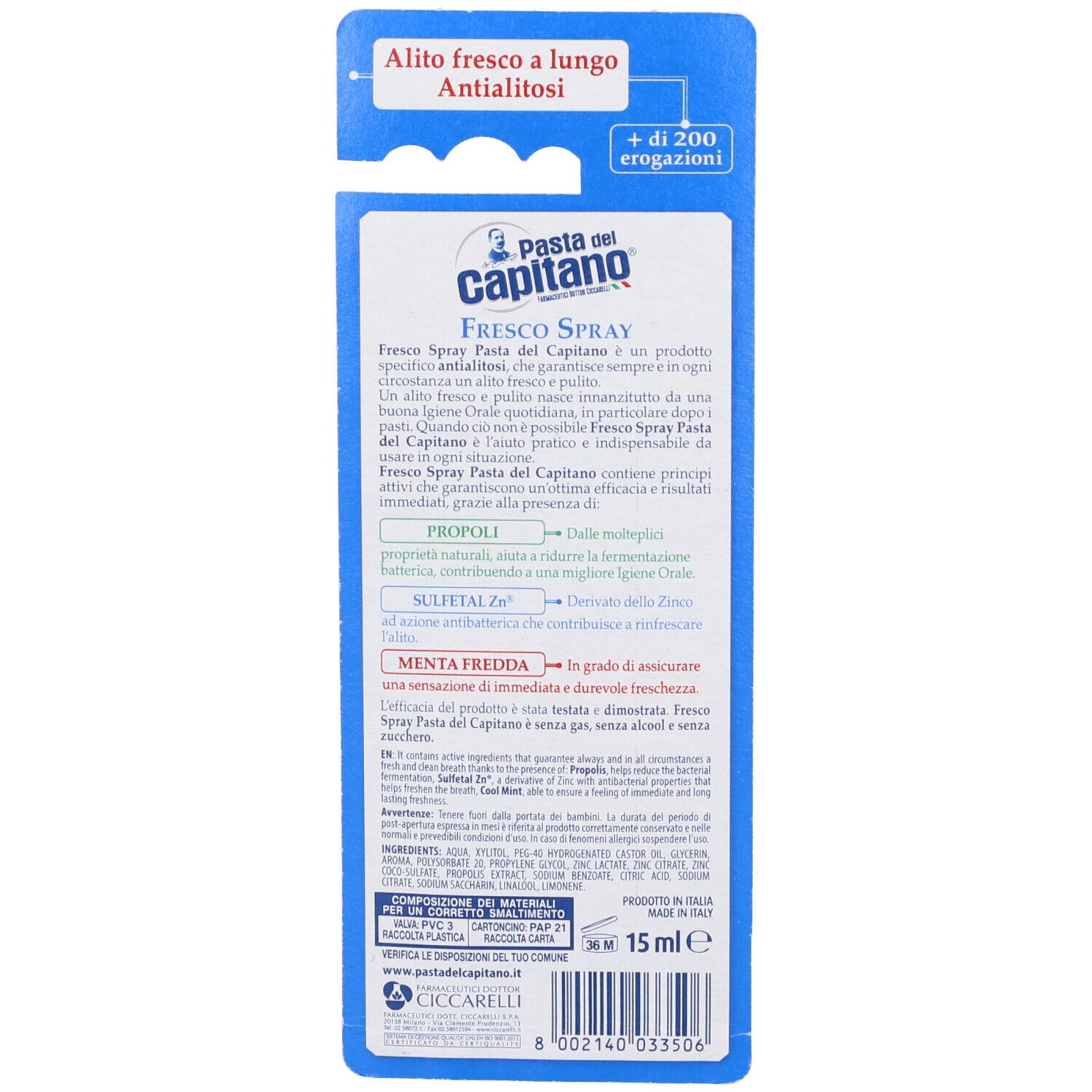 Retro della confezione dello spray orale Pasta del Capitano. Testo: Fresco Spray, ingredienti, 15 ml.