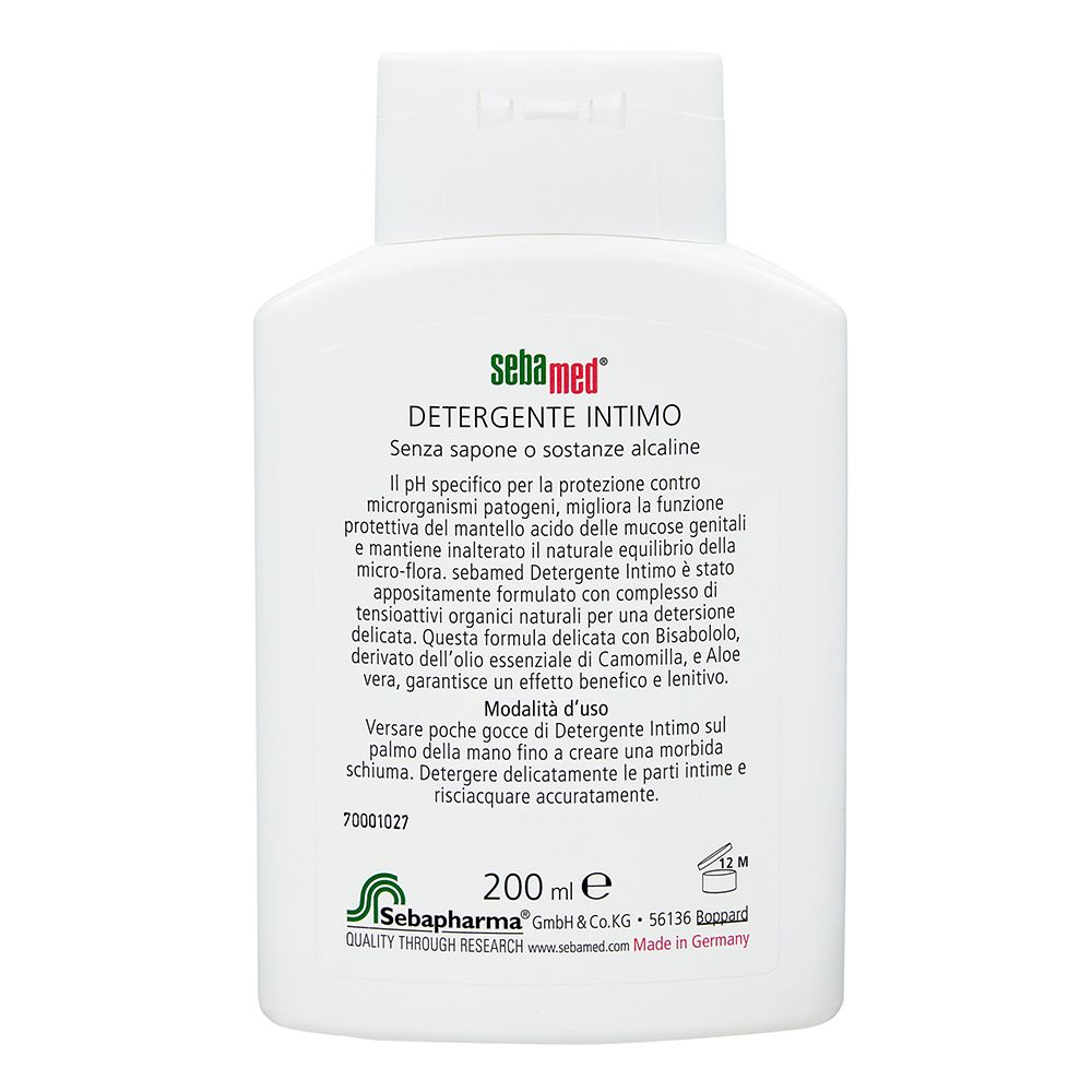 Retro flacone Sebamed Detergente Intimo. Testo: 200 ml, senza sapone, senza alcali, pH specifico.