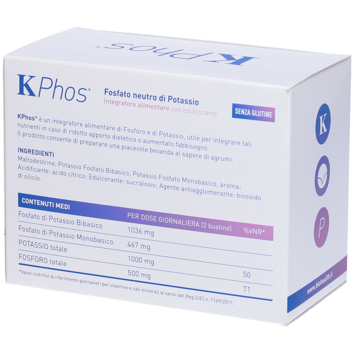 Boîte KPhos avec informations produit. Inscription: Senza Glutine. Contient ingrédients et valeurs nutritionnelles.