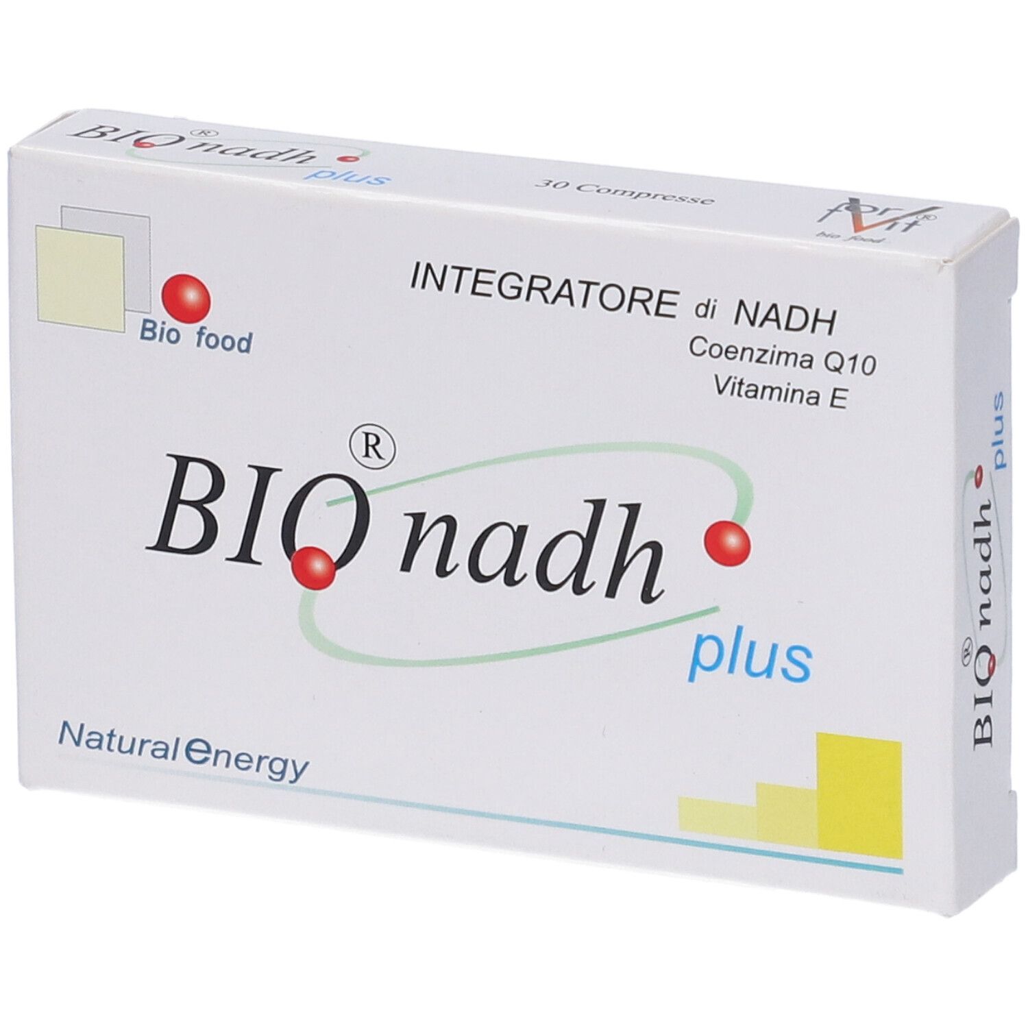 Scatola bianca "BIO nadh plus". Testo: "Integratore di NADH, Coenzima Q10, Vitamina E".