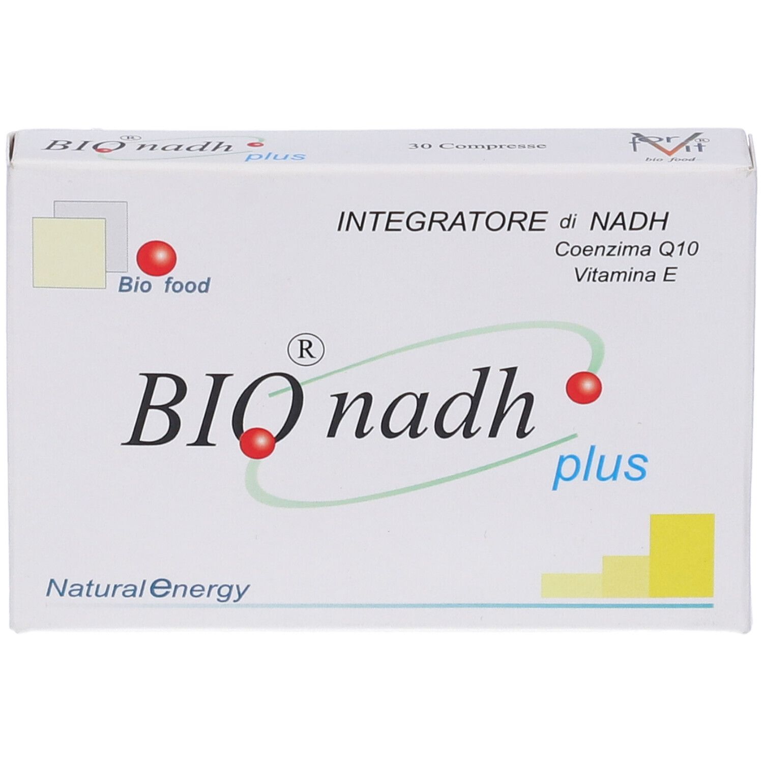 Scatola bianca "BIO nadh plus". Testo: "Integratore di NADH, Coenzima Q10, Vitamina E".