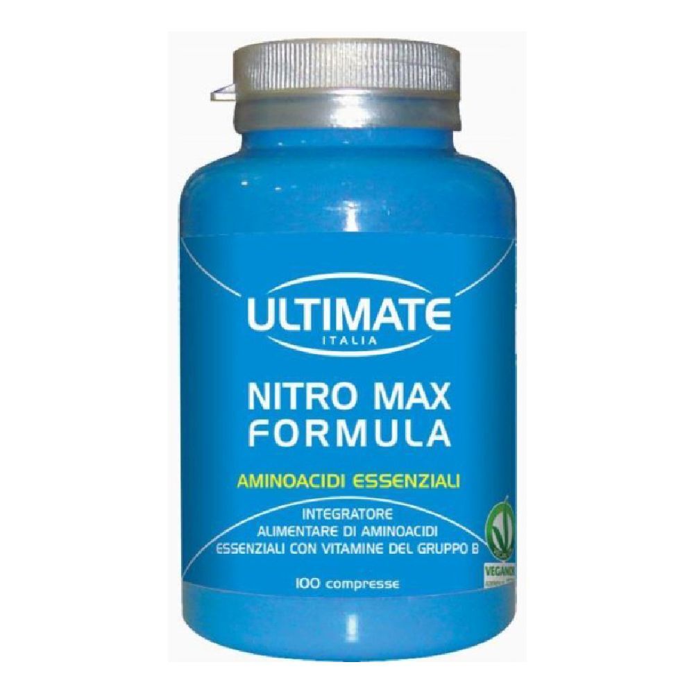 Flacone blu con tappo bianco. Scritta: ULTIMATE ITALIA, NITRO MAX FORMULA, AMINOACIDI ESSENZIALI. 100 compresse.