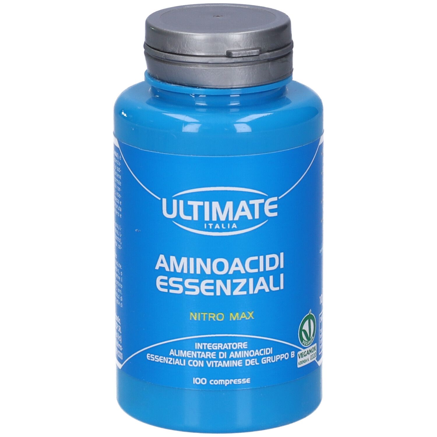 Flacone blu con tappo bianco. Scritta: ULTIMATE ITALIA, AMINOACIDI ESSENZIALI, NITRO MAX. 100 compresse.