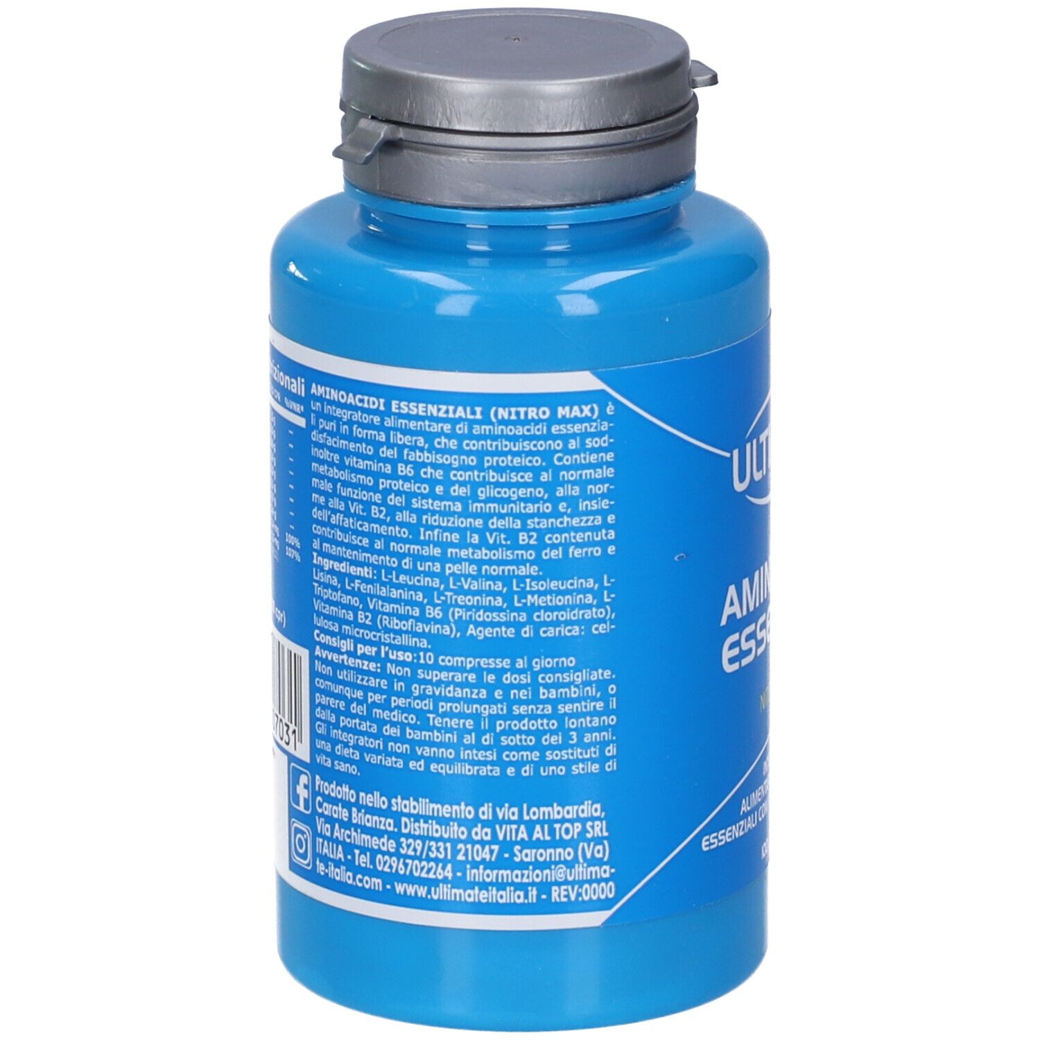 Flacone blu con tappo bianco. Retro con testo. Scritta: AMINOACIDI ESSENZIALI (NITRO MAX).