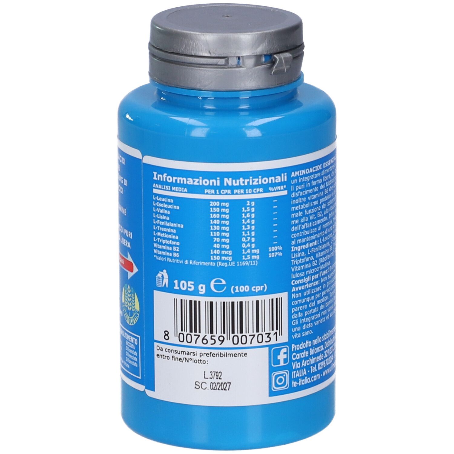 Flacone blu con tappo bianco. Retro con testo. Scritta: Informazioni Nutrizionali. 105 g (100 cpr).