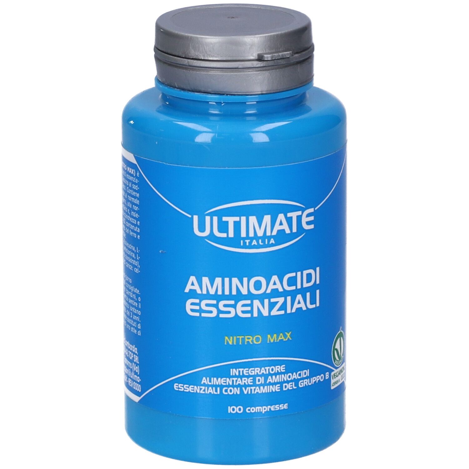 Flacone blu con tappo bianco. Scritta: ULTIMATE ITALIA, AMINOACIDI ESSENZIALI, NITRO MAX. 100 compresse.