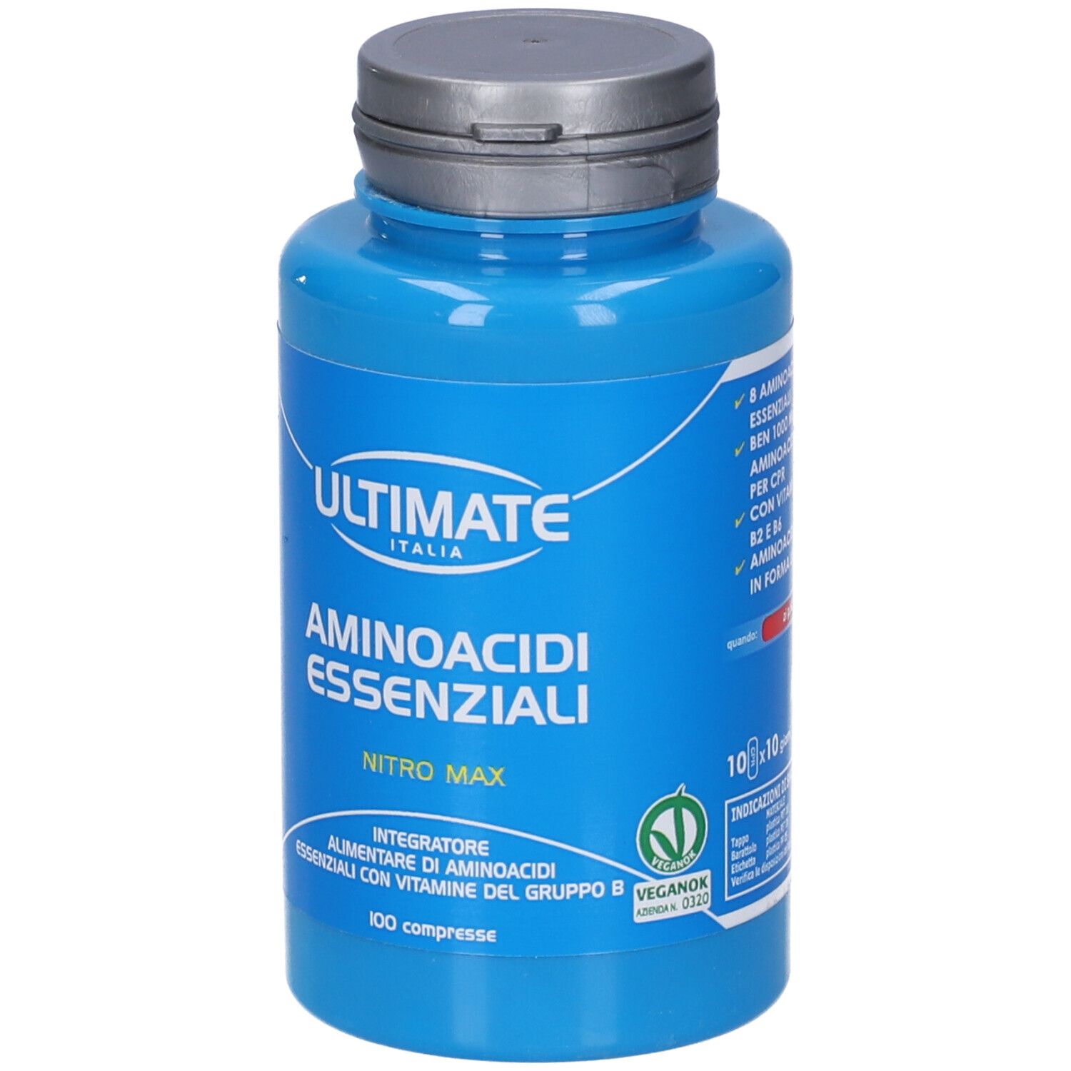 Flacone blu con tappo bianco. Scritta: ULTIMATE ITALIA, AMINOACIDI ESSENZIALI, NITRO MAX. 100 compresse.