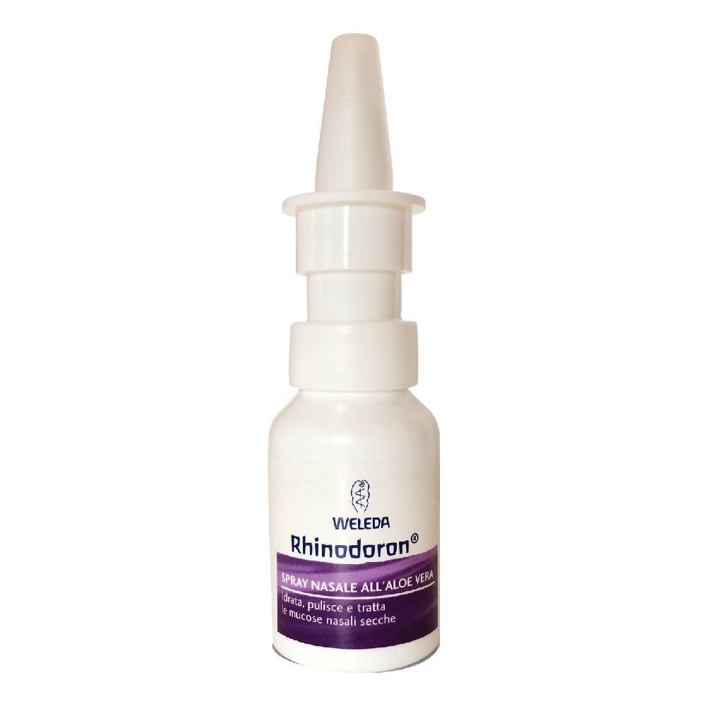 Flacone spray nasale bianco con erogatore. Scritta: Rhinodoron, Spray Nasale con Aloe Vera. Marchio: WELEDA.
