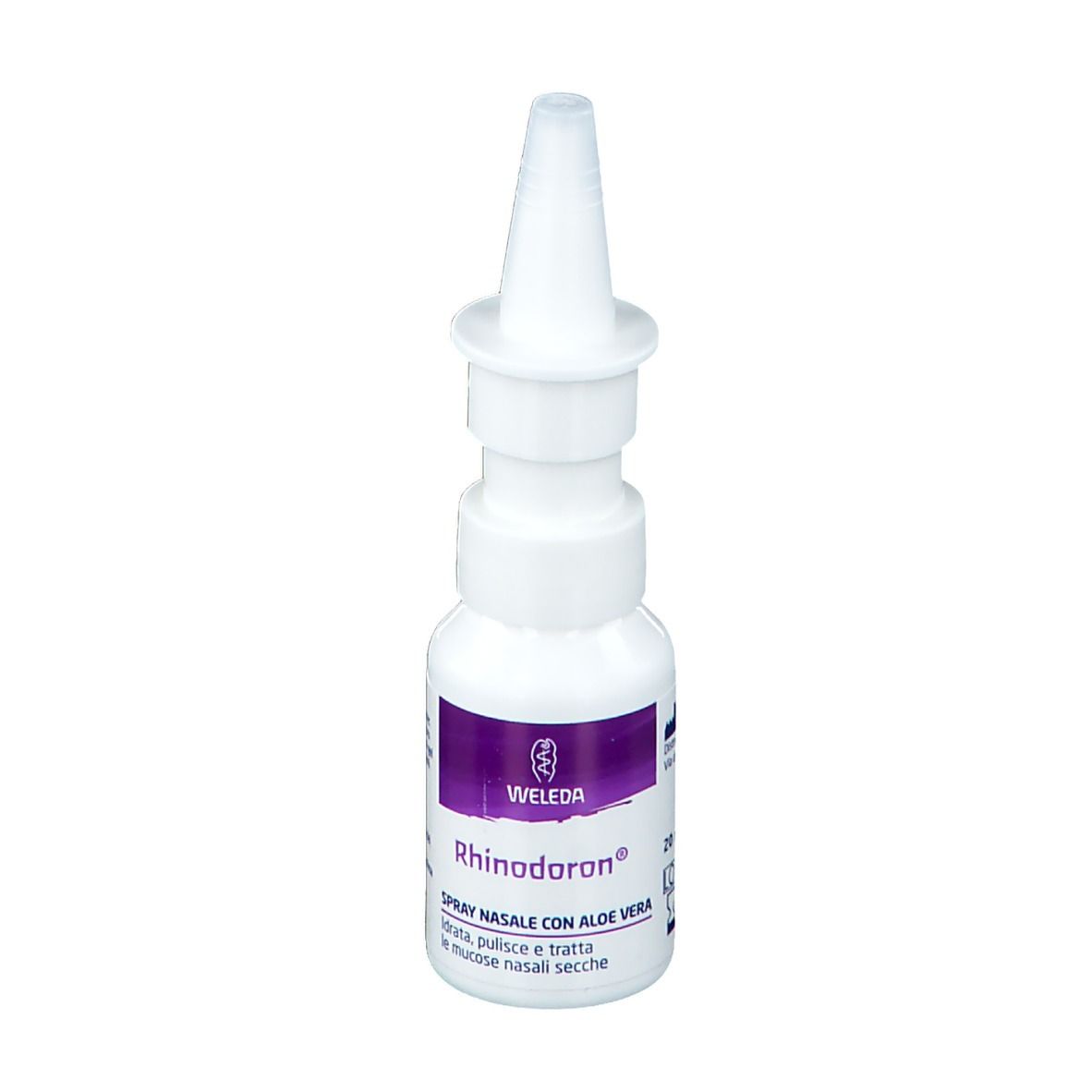 Flacone spray nasale bianco con erogatore. Scritta: Rhinodoron, Spray Nasale con Aloe Vera. Marchio: WELEDA.