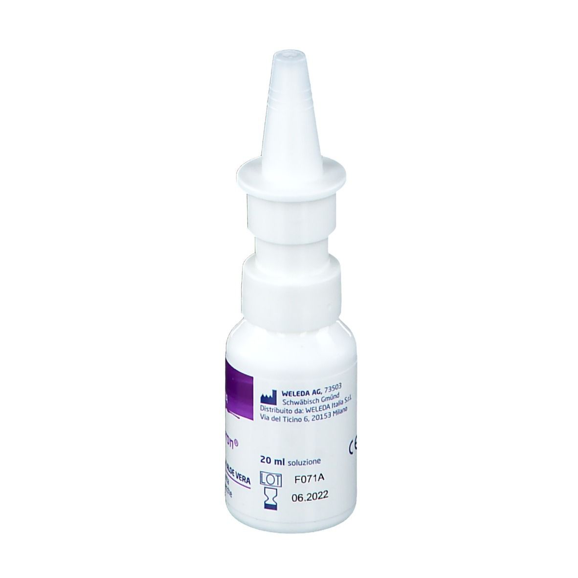 Flacone spray nasale bianco con erogatore. Scritta: Rhinodoron, Spray Nasale con Aloe Vera. Marchio: WELEDA.
