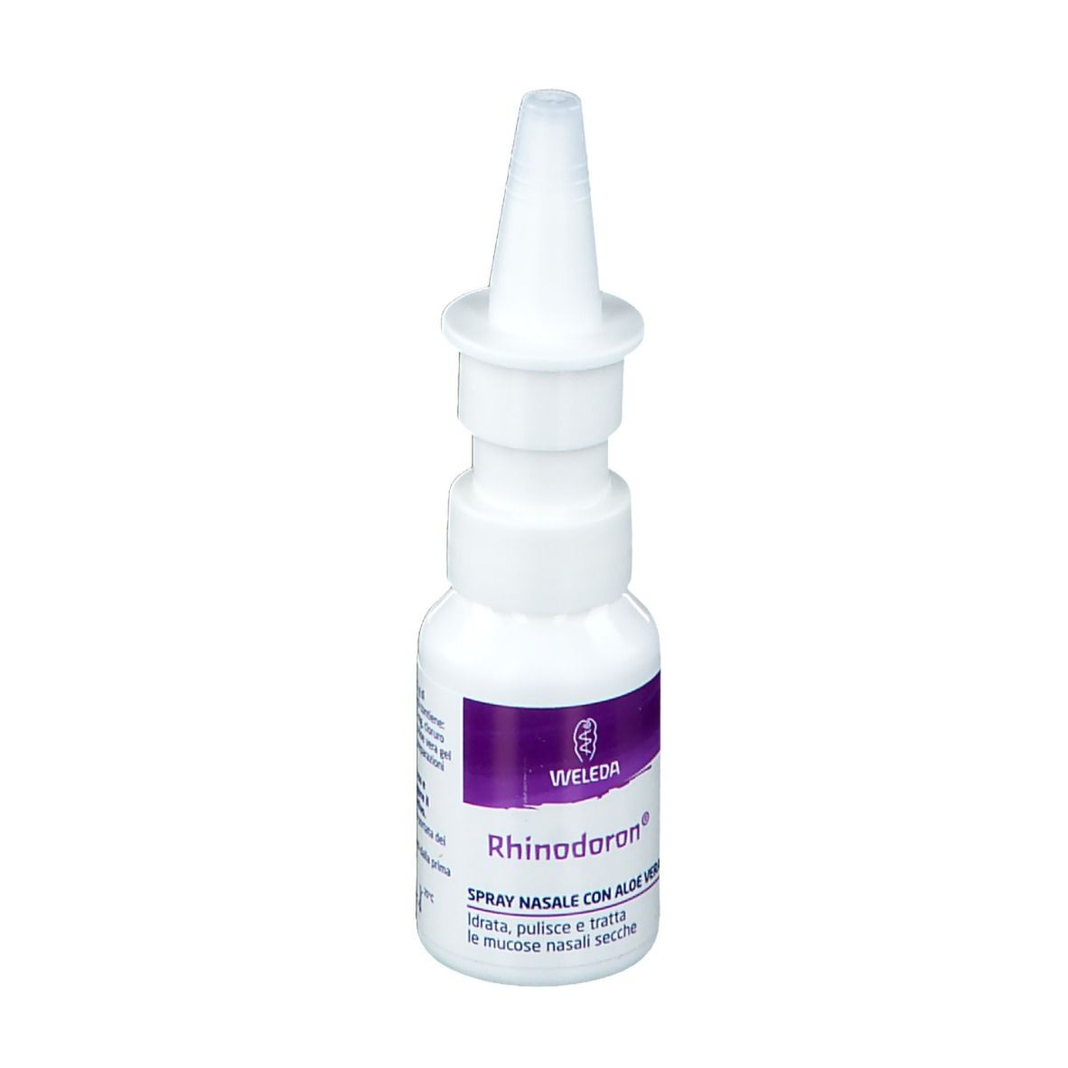 Flacone spray nasale bianco con erogatore. Scritta: Rhinodoron, Spray Nasale con Aloe Vera. Marchio: WELEDA.