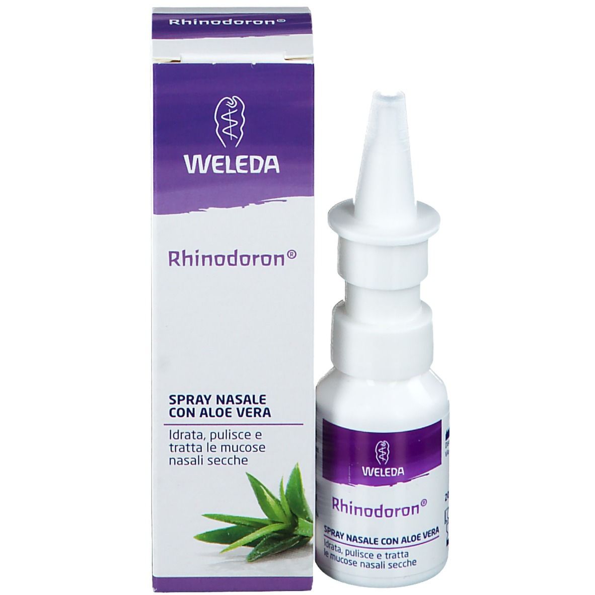 Flacone spray nasale e confezione. Scritta: Rhinodoron, Spray Nasale con Aloe Vera. Marchio: WELEDA. Foglia di Aloe Vera.
