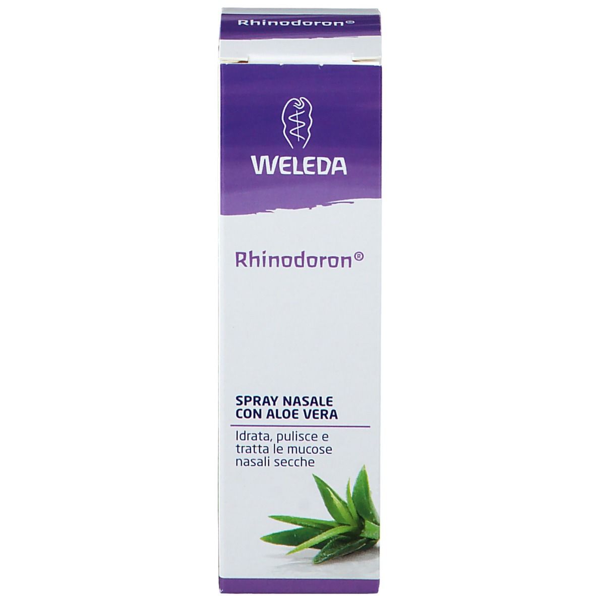 Confezione con spray nasale. Scritta: Rhinodoron, Spray Nasale con Aloe Vera. Marchio: WELEDA. Foglia di Aloe Vera.