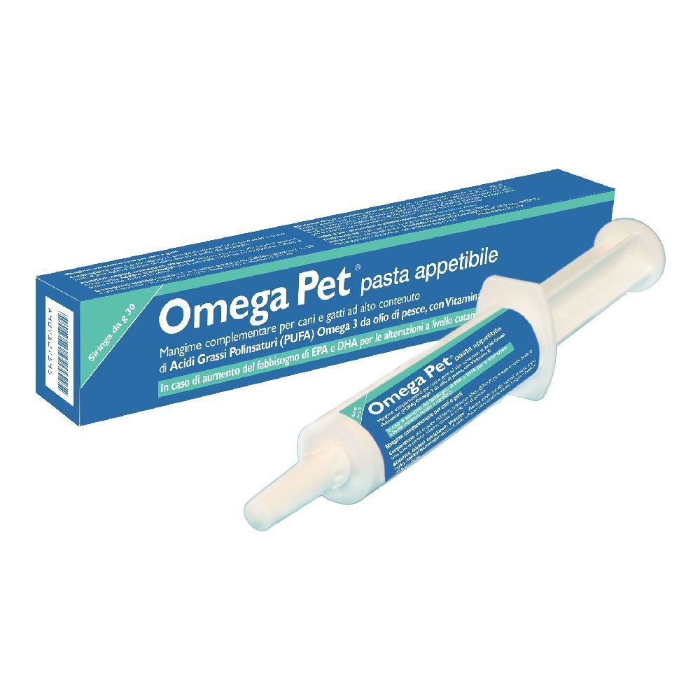 Confezione blu e bianca con scritta Omega Pet e siringa. Contiene pasta appetibile.