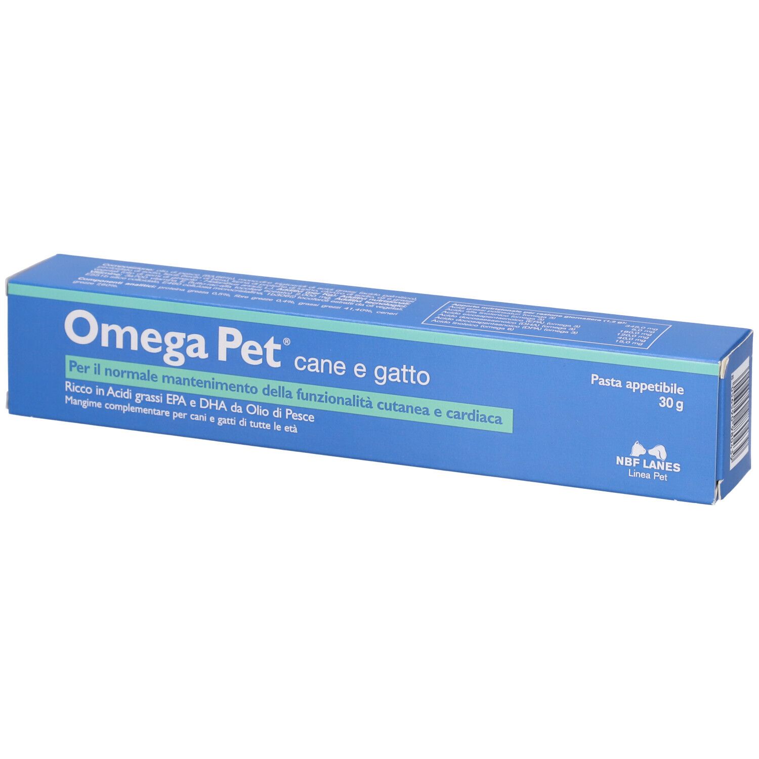 Scatola blu con scritta Omega Pet. Contiene pasta appetibile per cani e gatti.