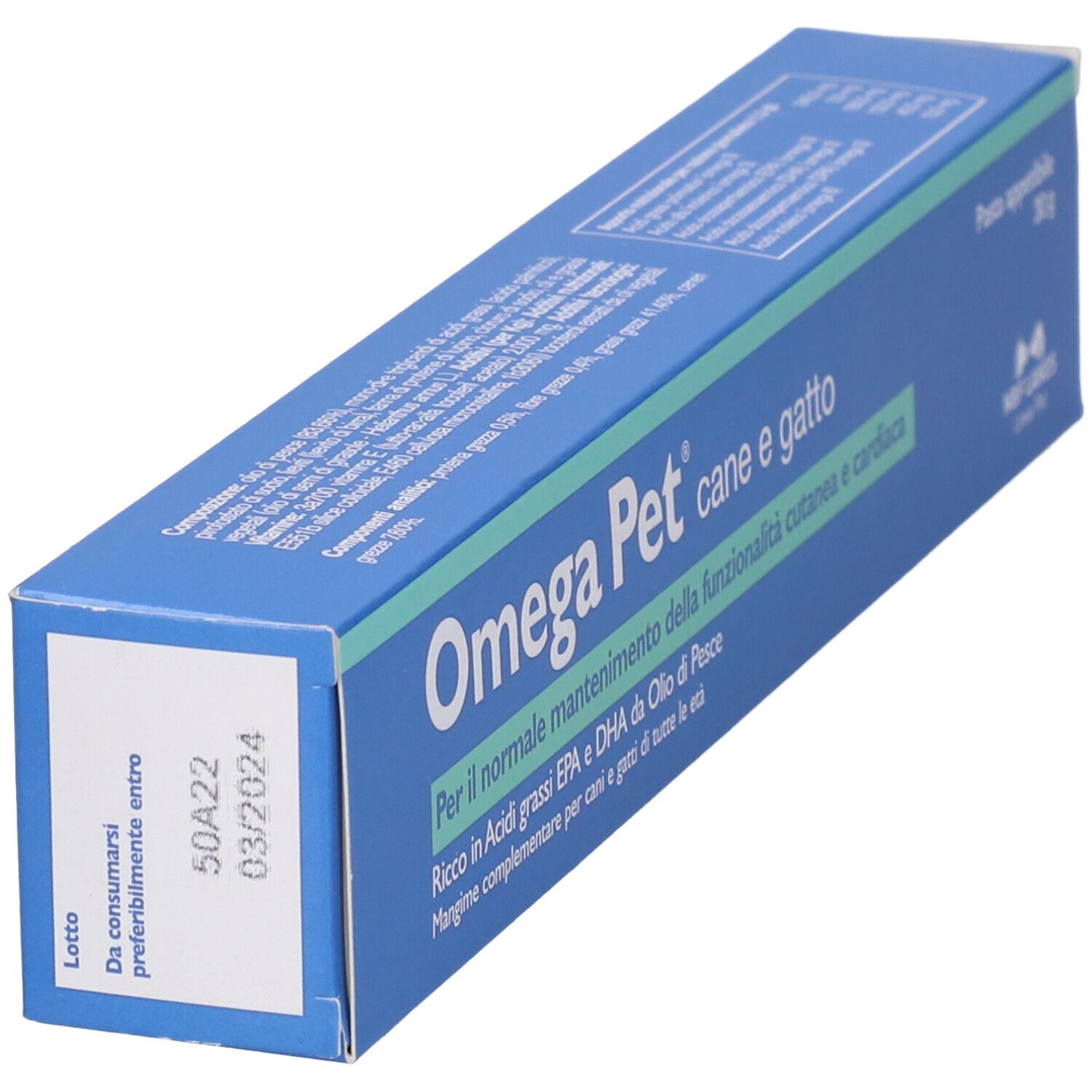 Scatola blu con scritta Omega Pet. Contiene pasta appetibile per cani e gatti.