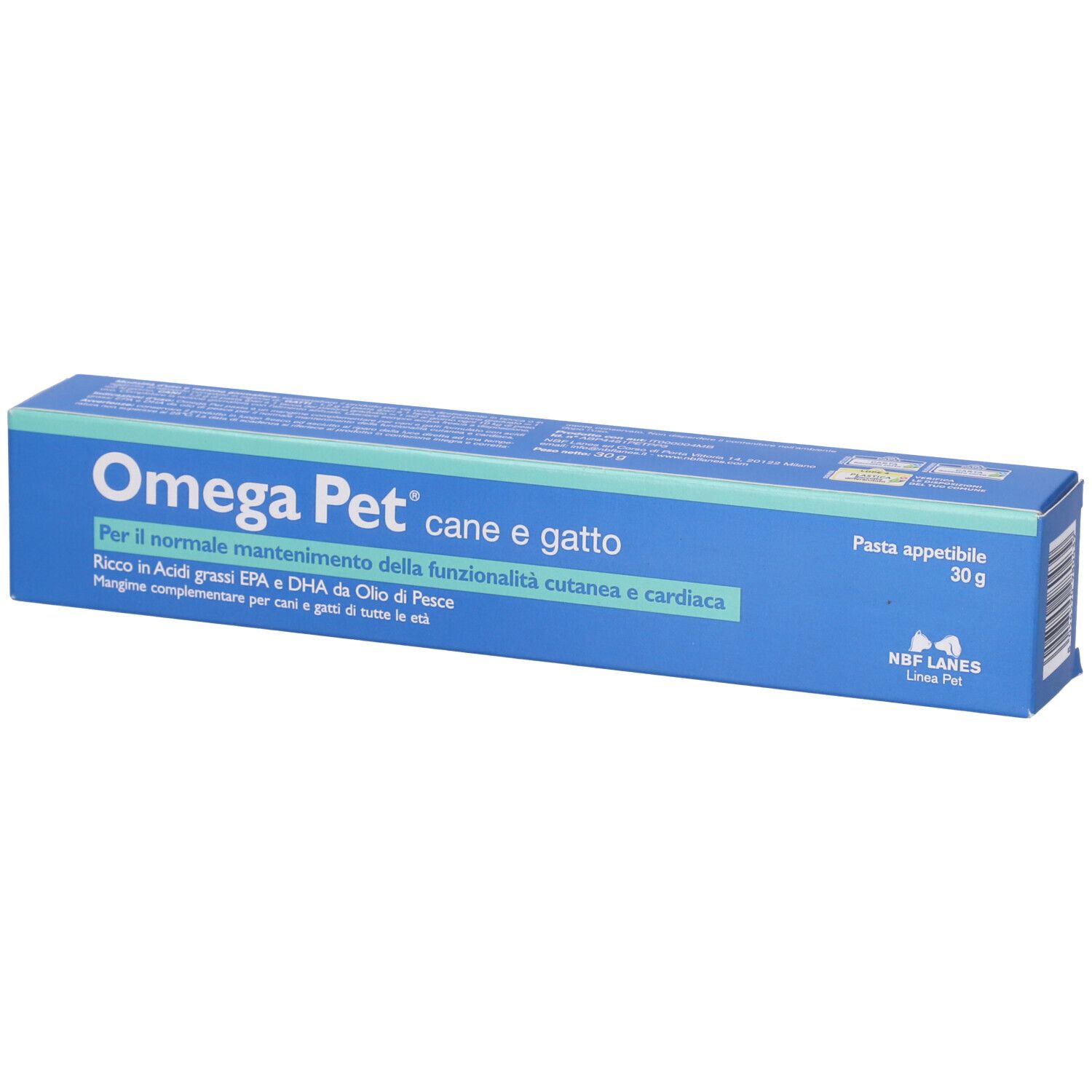 Scatola blu con scritta Omega Pet. Contiene pasta appetibile per cani e gatti.
