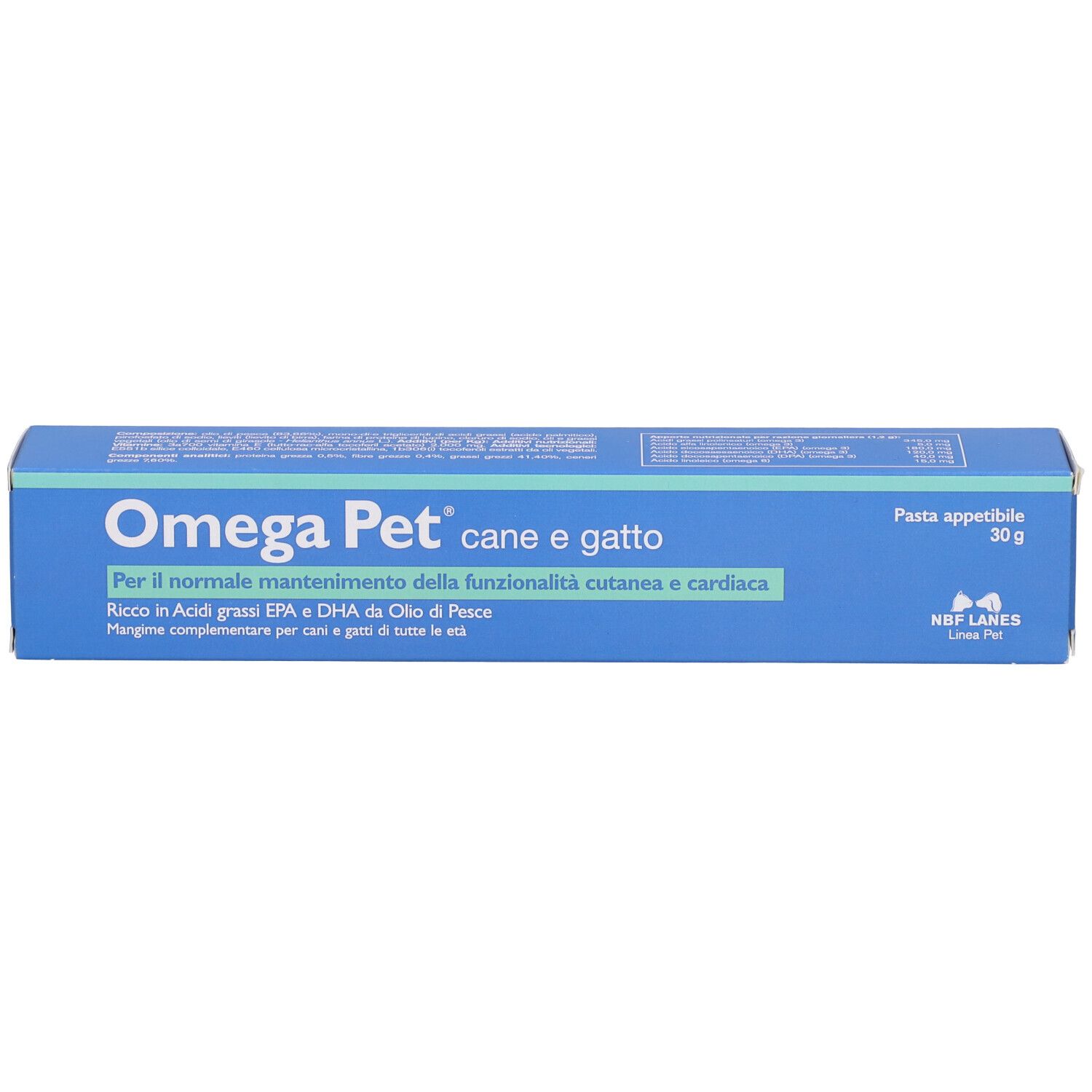 Scatola blu con scritta Omega Pet. Contiene pasta appetibile per cani e gatti.